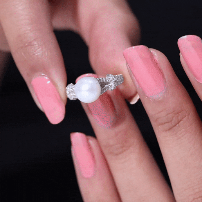 Rosec Jewels-Cultured 7.4 Carat Freshwater Pearl Engagement Ring with Lab Diamonds