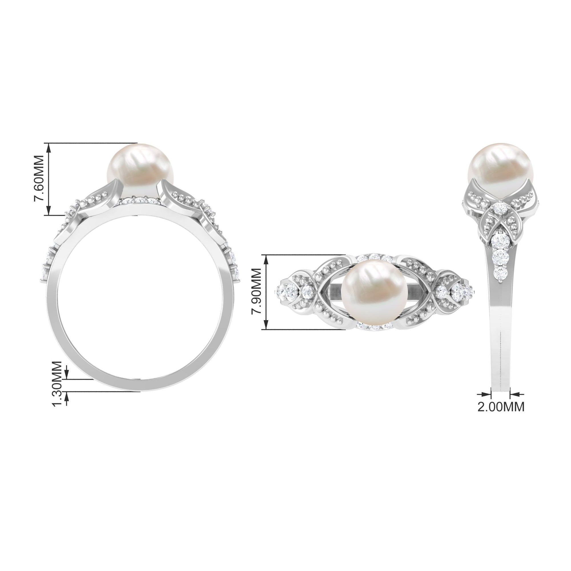 Rosec Jewels-Vintage Style 3 Carat Freshwater Pearl Engagement Ring with Diamond Split Shank