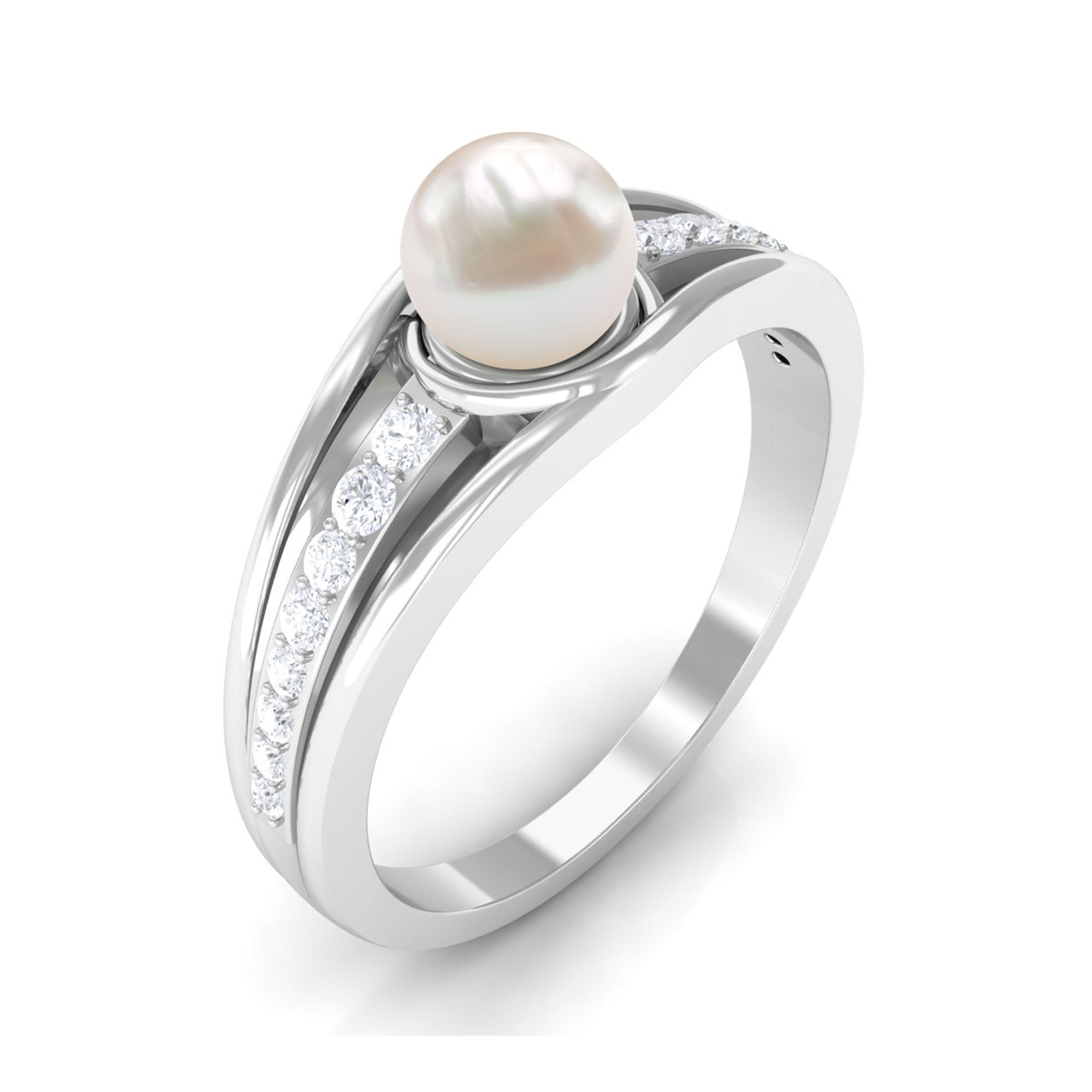 Cultured 2 Carat Freshwater Pearl Engagement Ring with Diamond AAA - Rosec Jewels