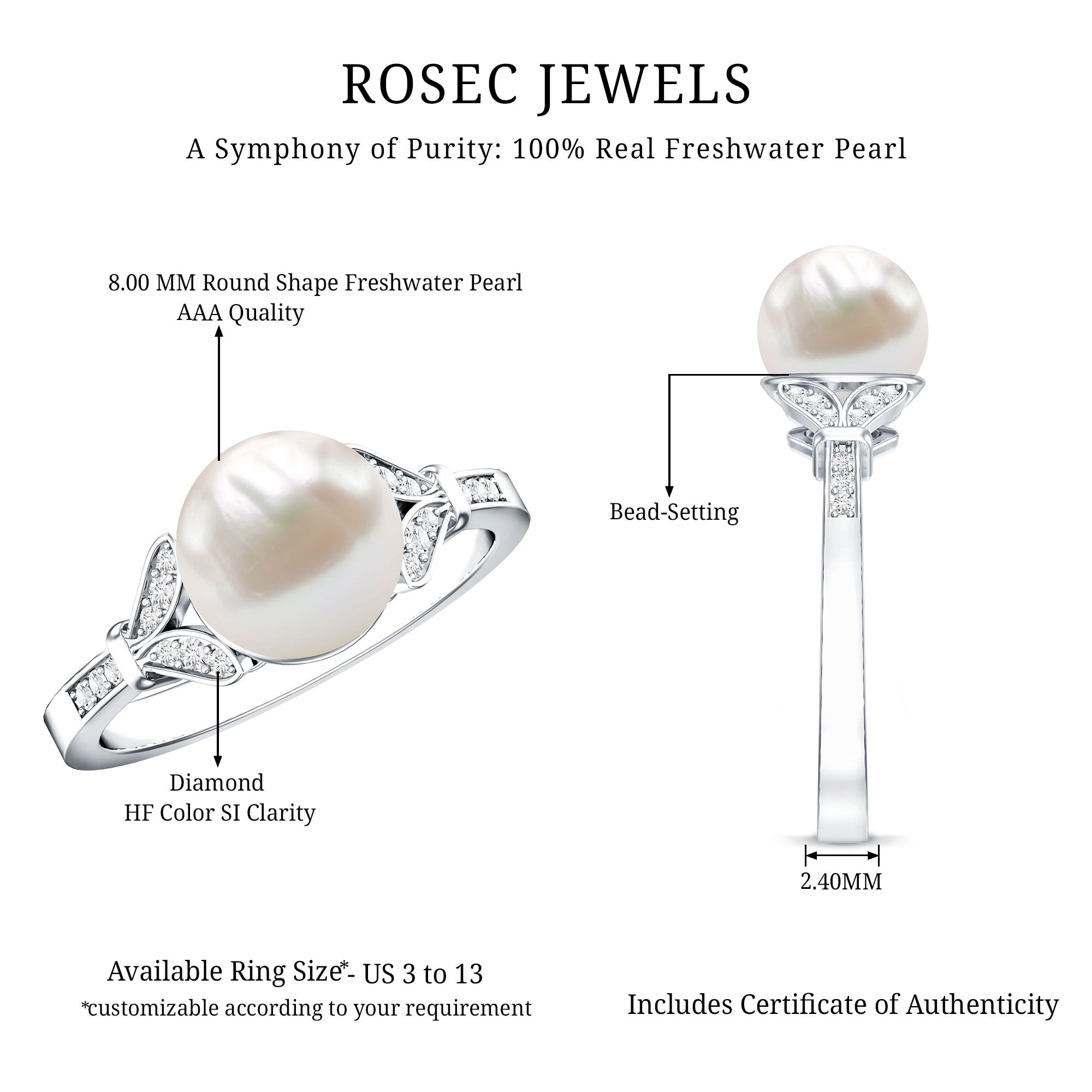 Rosec Jewels-Cultured 7.4 Carat Freshwater Pearl Diamond Engagement Ring with Split Shank