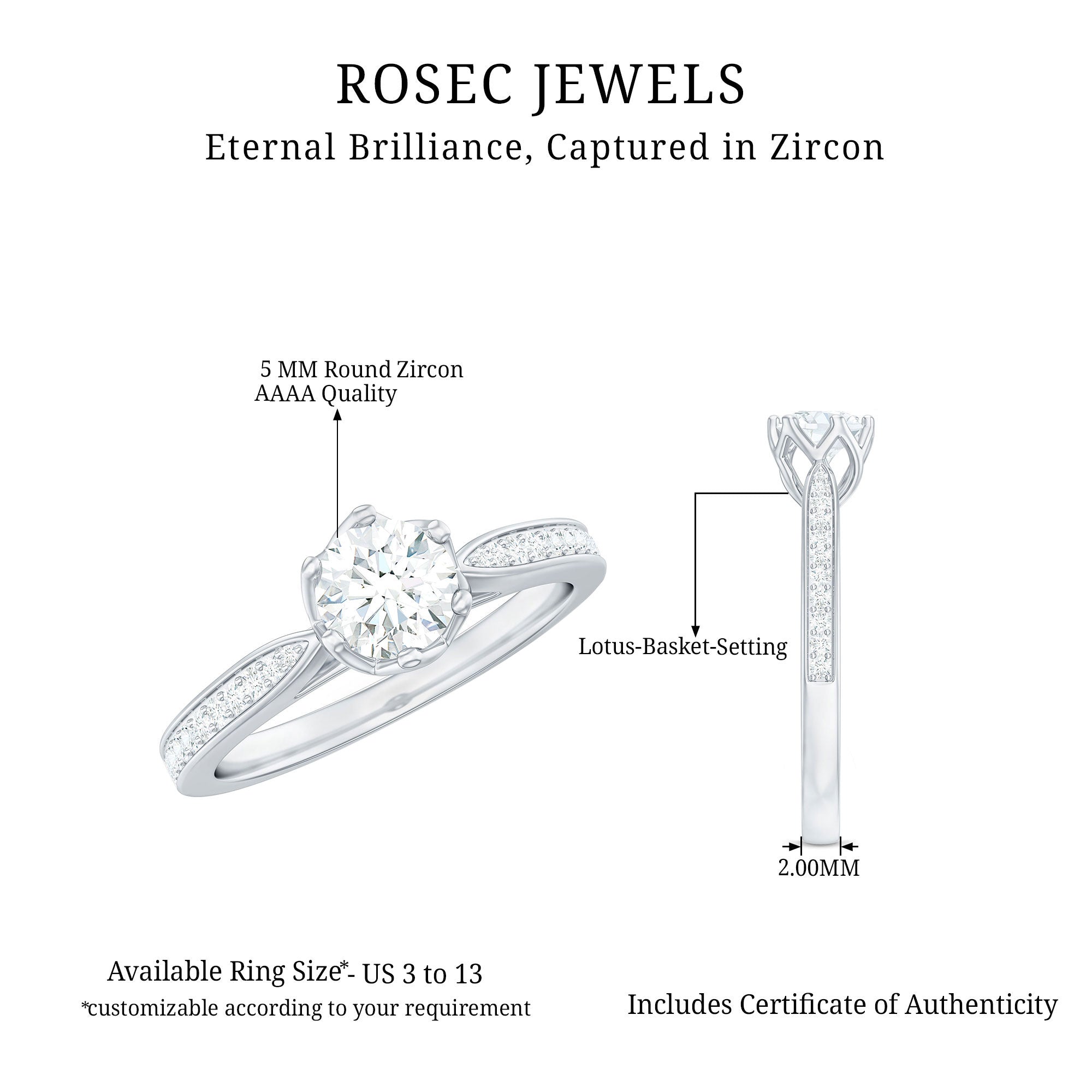 Rosec Jewels-Lotus Basket Set Cubic Zirconia Engagement Ring with Side Stones
