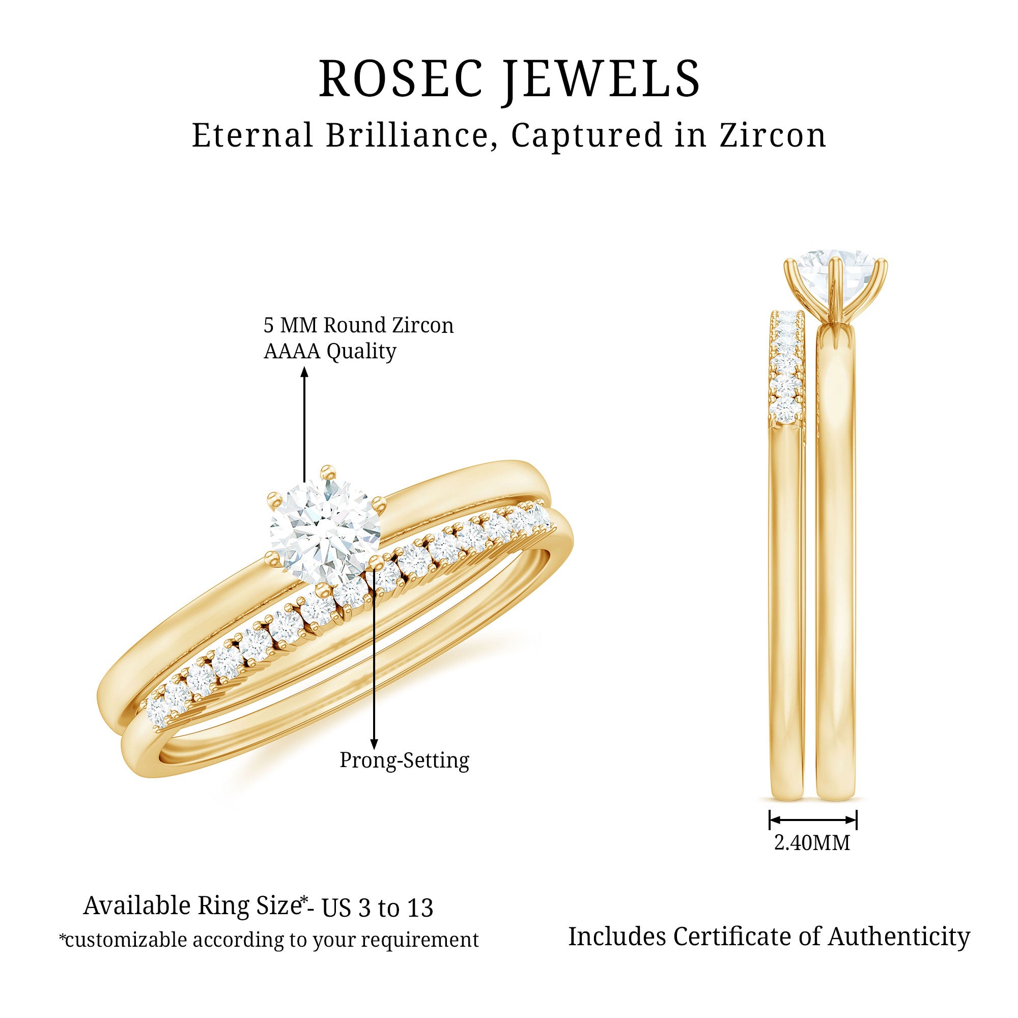 Rosec Jewels-Simple Cubic Zirconia Solitaire Wedding Ring Set for Women