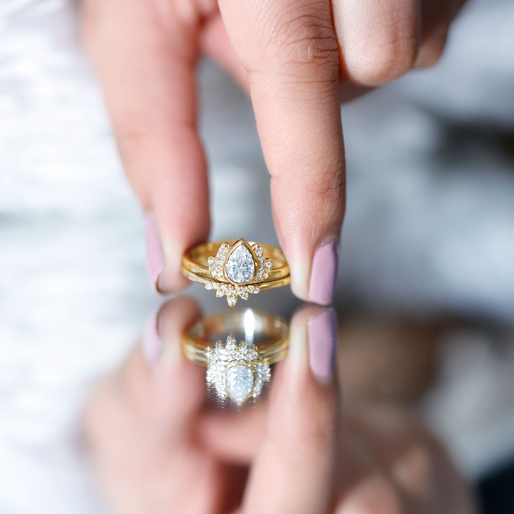 Certified Zircon Lotus Floral Bridal Wedding Ring Set AAAA - Rosec Jewels