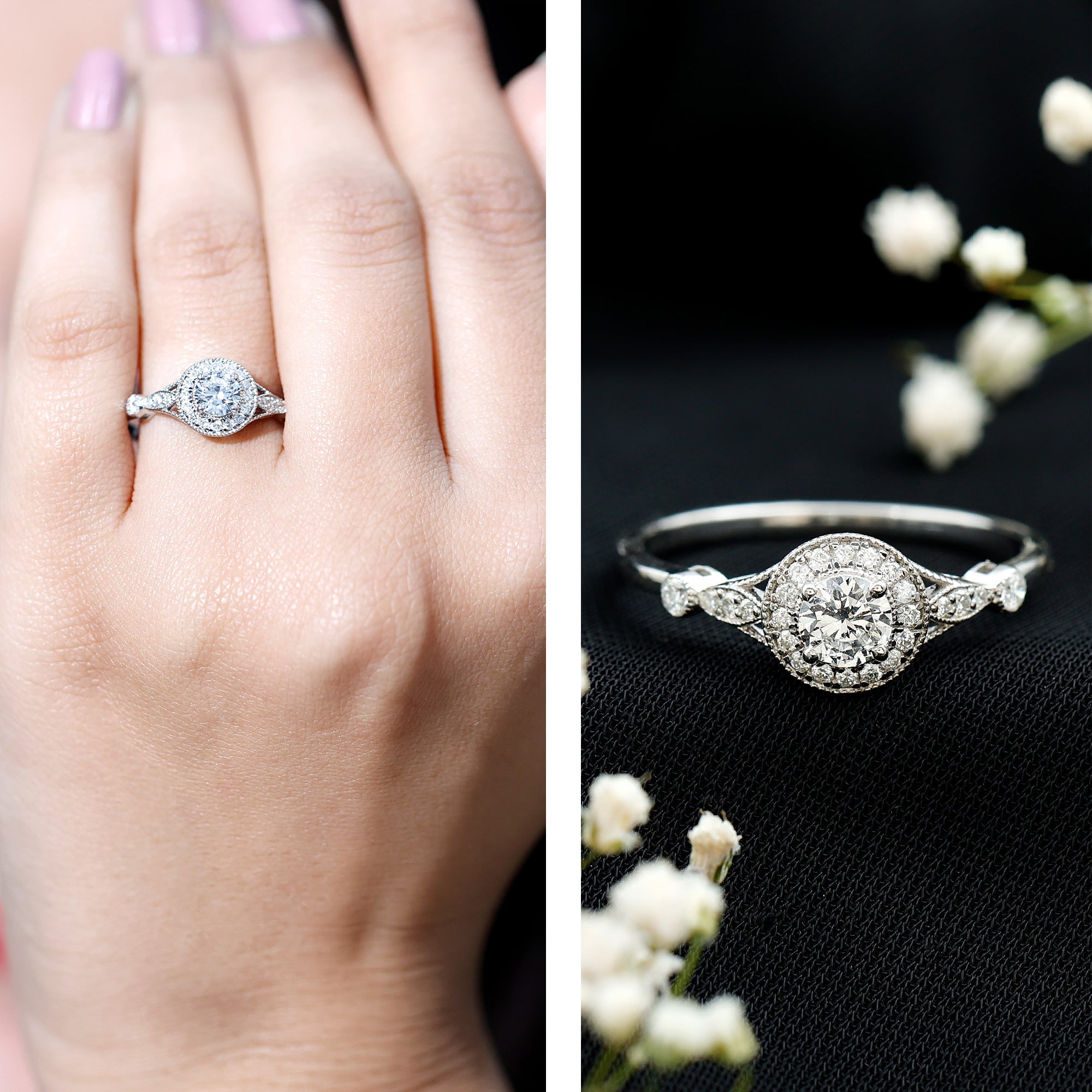 Antique Inspired Zircon Halo Engagement Ring AAAA - Rosec Jewels