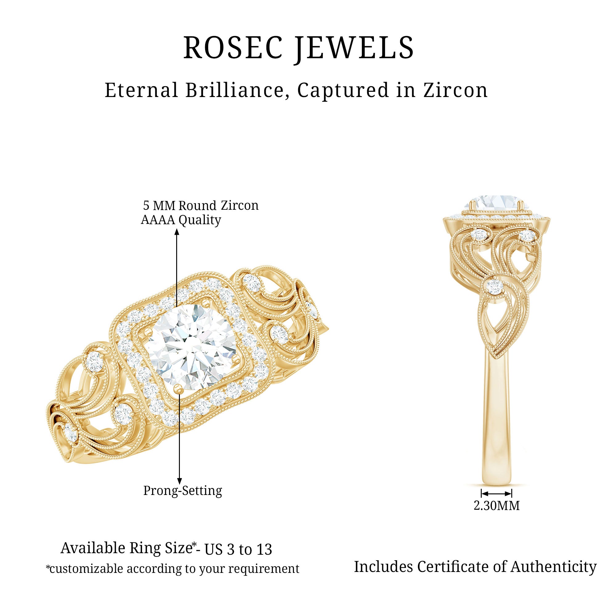 Rosec Jewels-Zircon Vintage Inspired Halo Engagement Ring