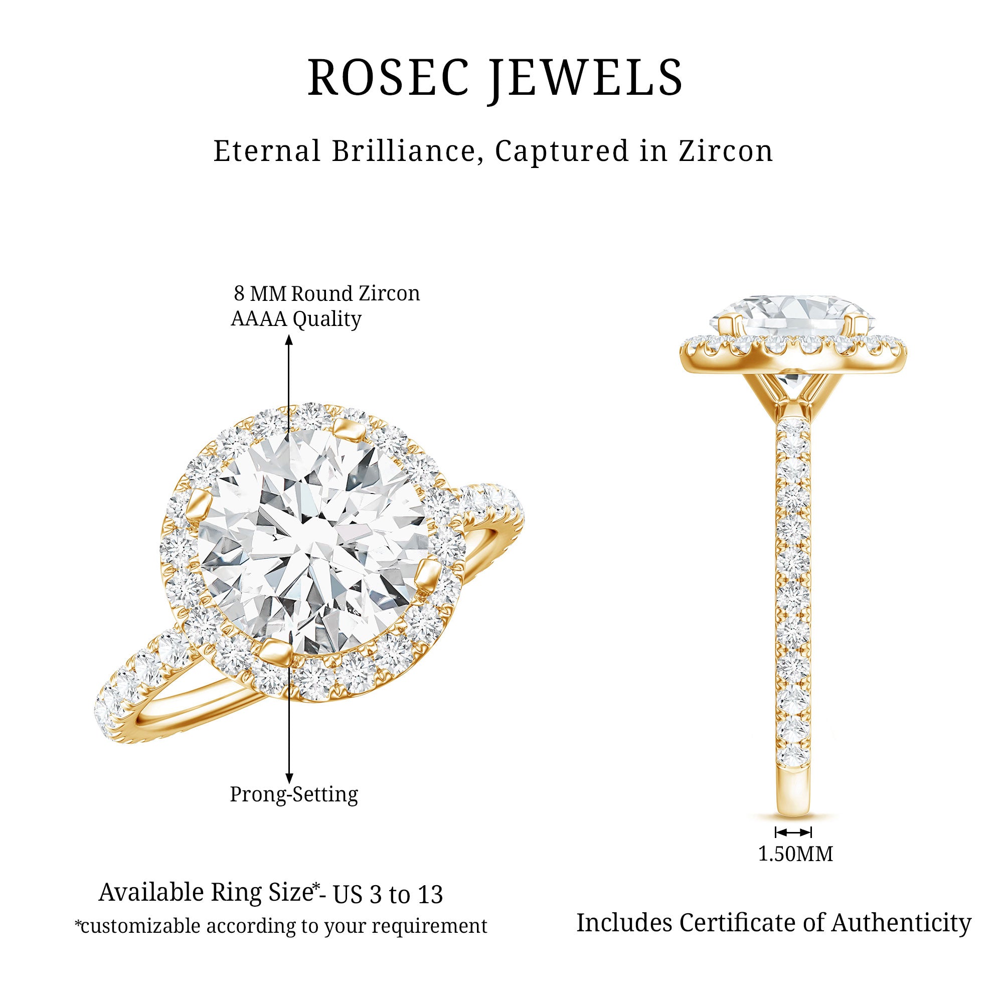 Certified Cubic Zirconia Classic Floating Halo Engagement Ring AAAA - Rosec Jewels