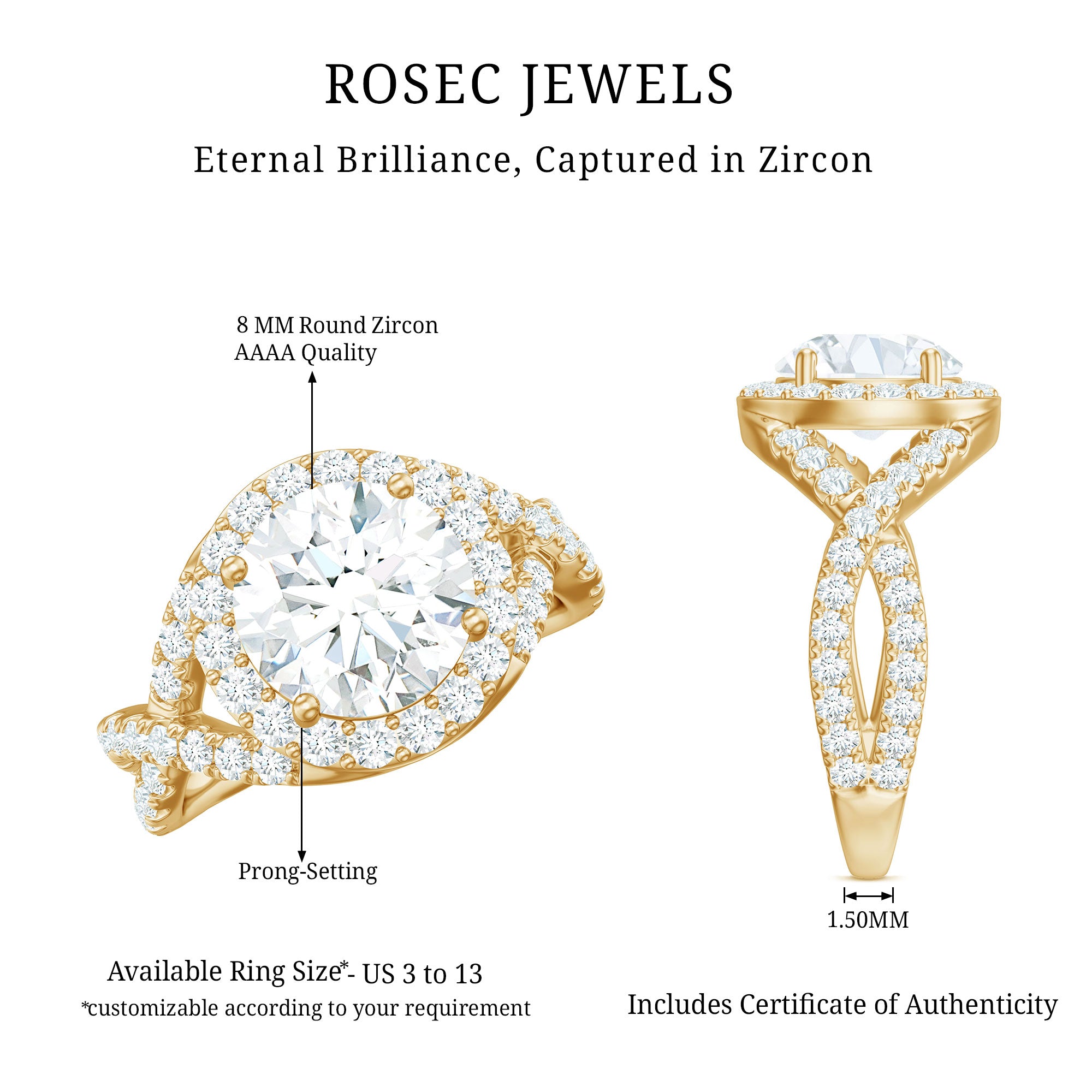 2 Carat Round Shape Zircon Crossover Engagement Ring AAAA - Rosec Jewels