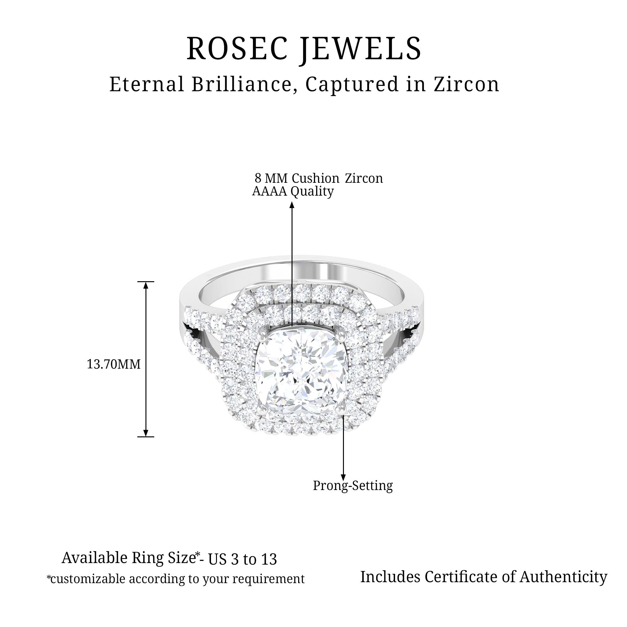 Cubic Zirconia Engagement Ring in Halo Setting Zircon - ( AAAA ) - Quality 92.5 Sterling Silver 7.0 - Rosec Jewels