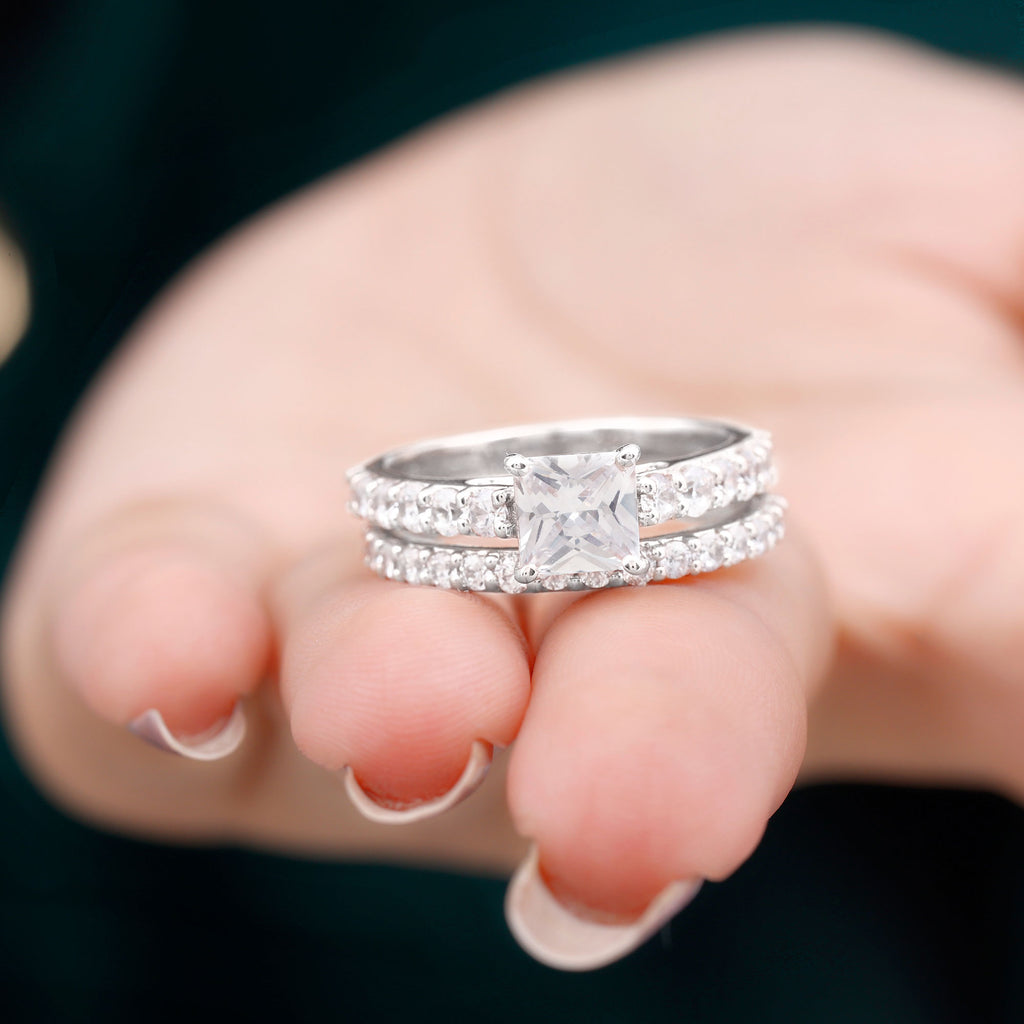 Rosec Jewels - Princess Cut Zircon Wedding Ring Set with Enhancer Band