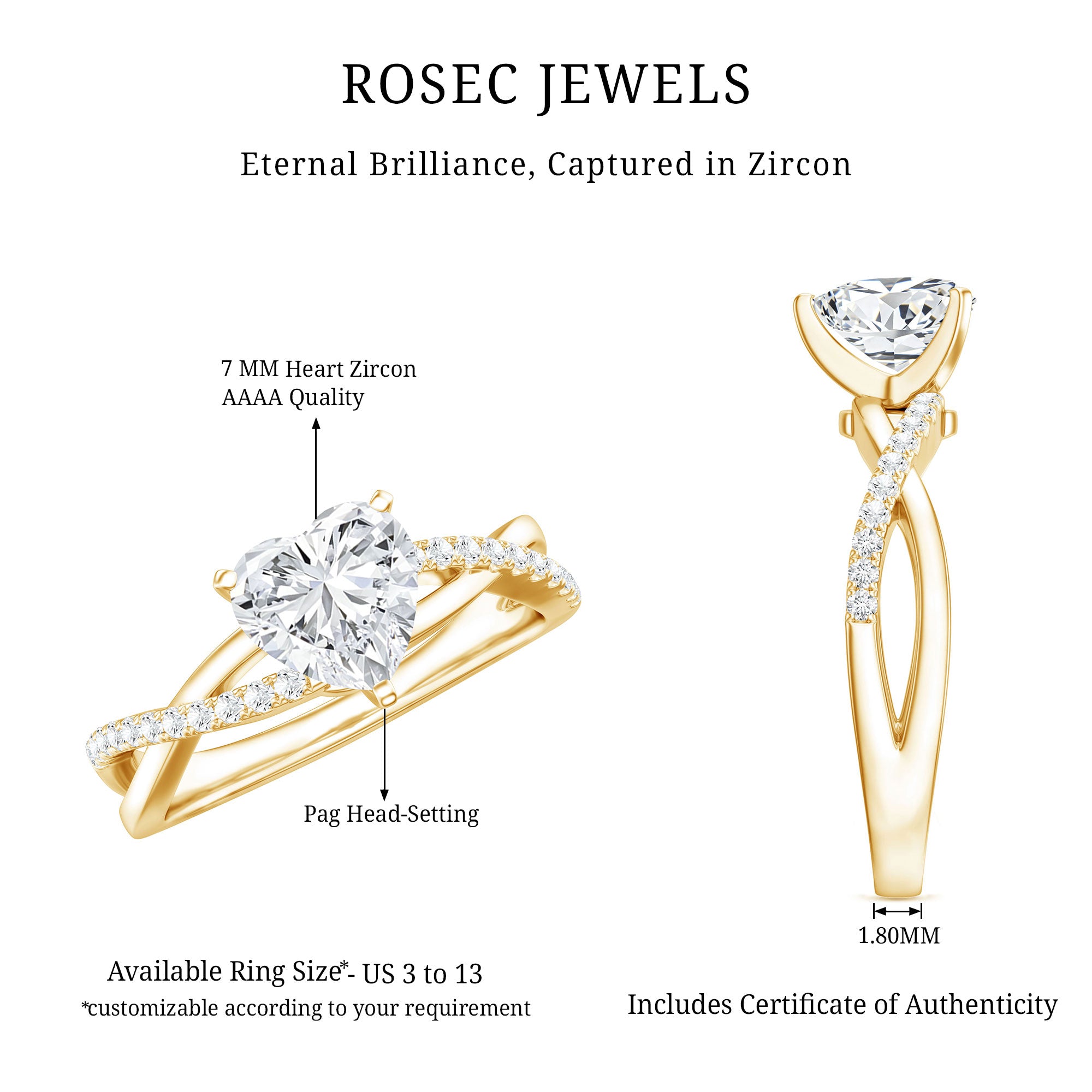 Zircon Crossover Solitaire Engagement Ring AAAA - Rosec Jewels