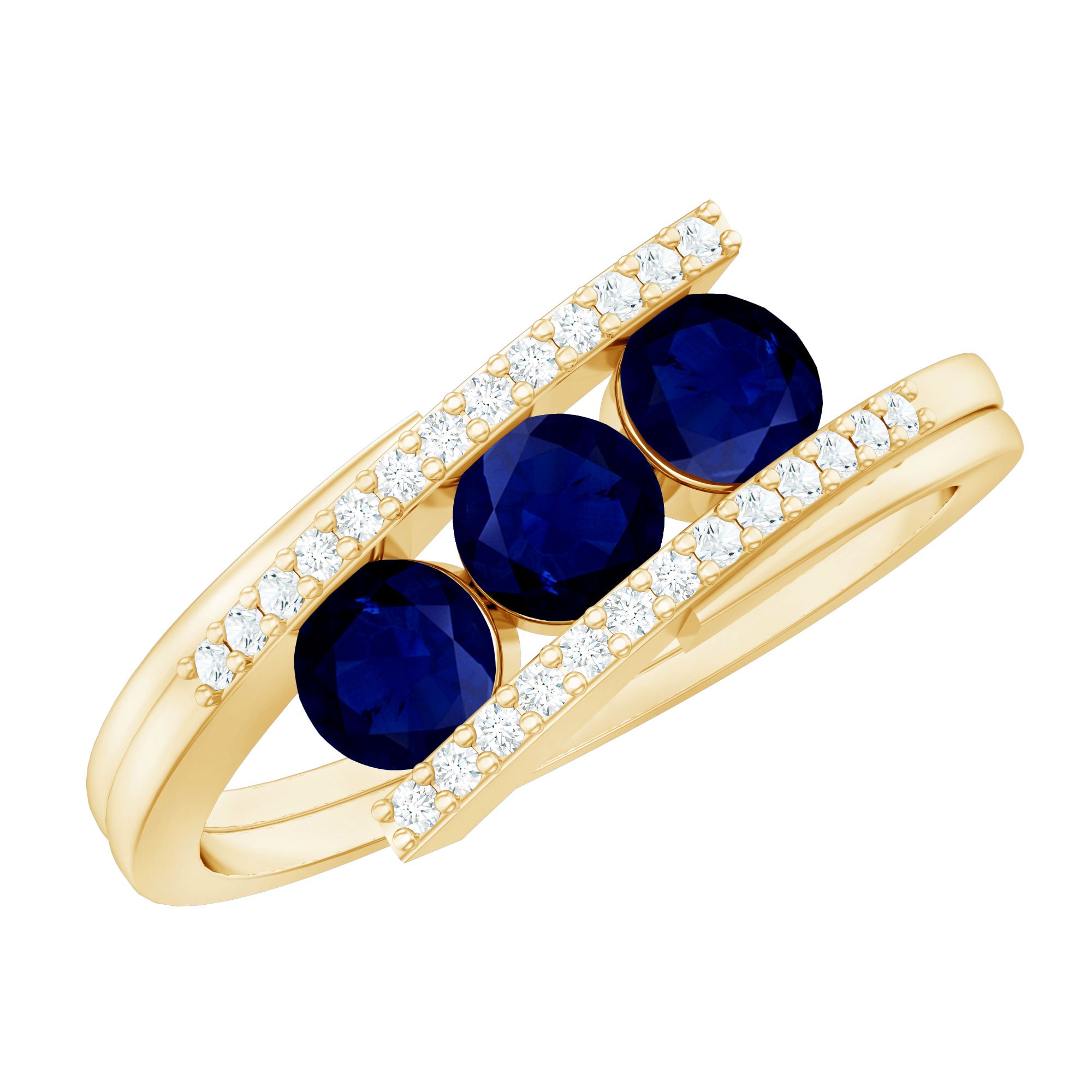 Real Blue Sapphire 3 Stone Promise Ring with Diamond Bypass Shank AAA - Rosec Jewels
