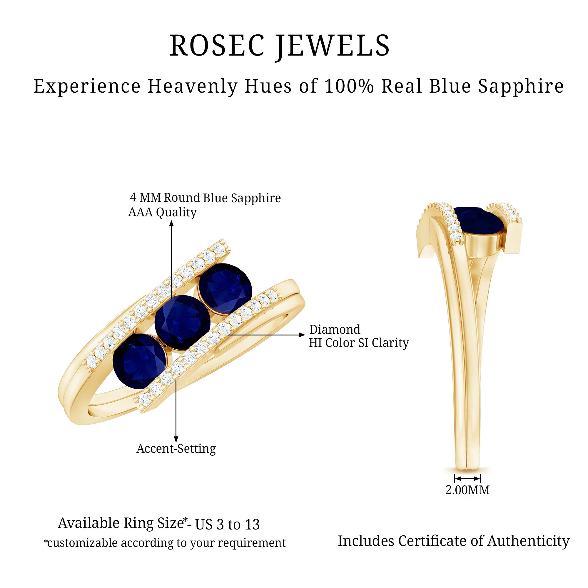 Real Blue Sapphire 3 Stone Promise Ring with Diamond Bypass Shank AAA - Rosec Jewels