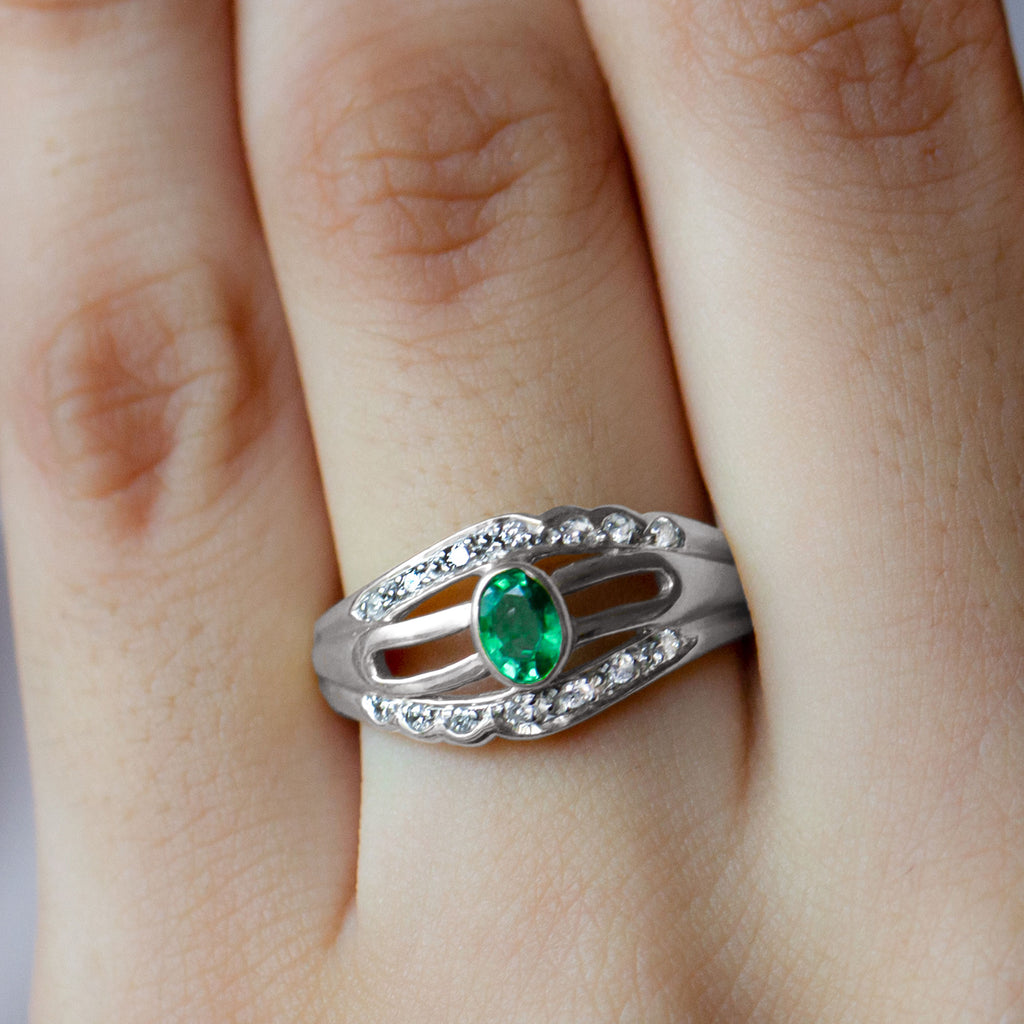 1/2 CT May Birthstone Emerald Engagement Ring with Diamond Accent Emerald - ( AAA ) - Quality - Rosec Jewels