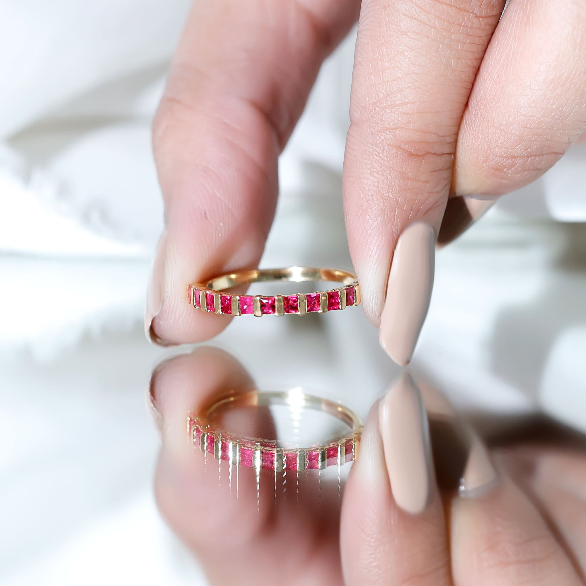 Rosec Jewels-Natural Princess Cut Ruby Half Eternity Ring for Women