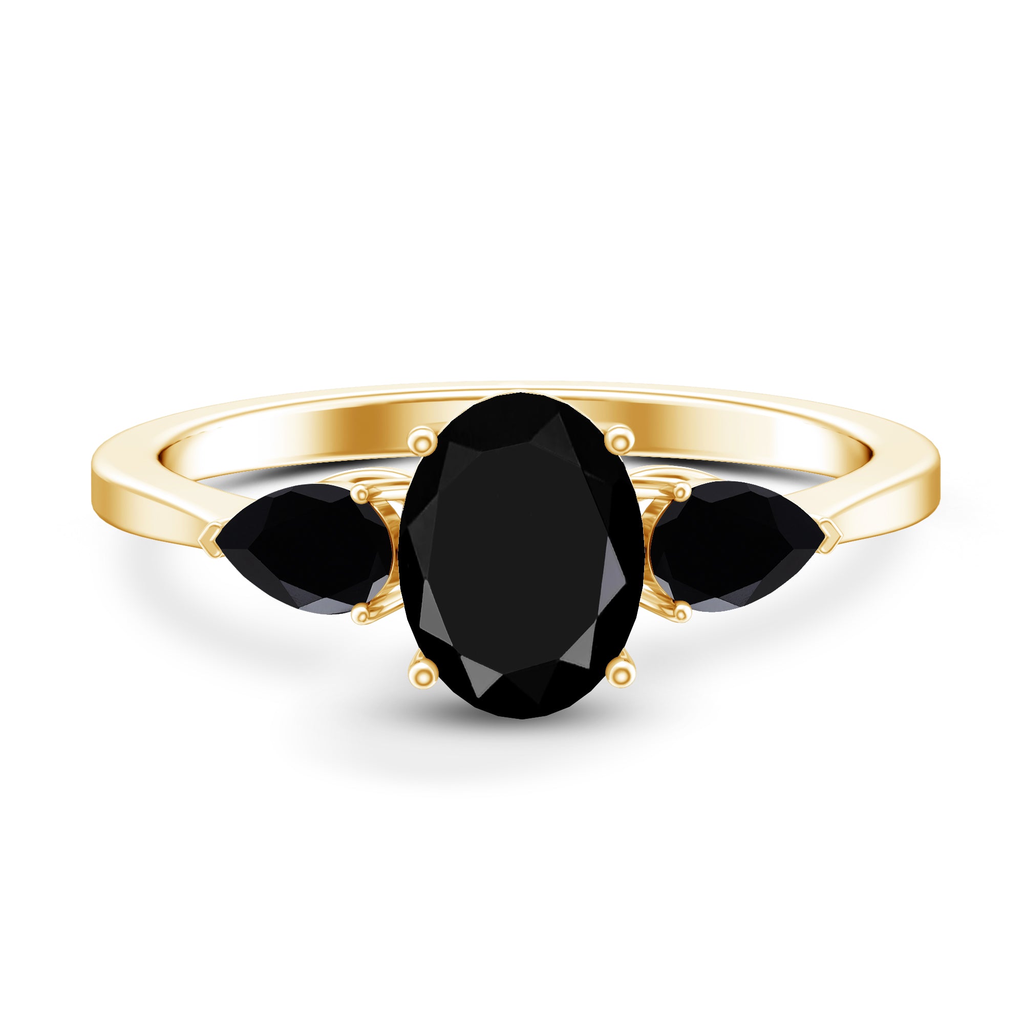 Natural Black Onyx Three Stone Engagement Ring AAA - Rosec Jewels