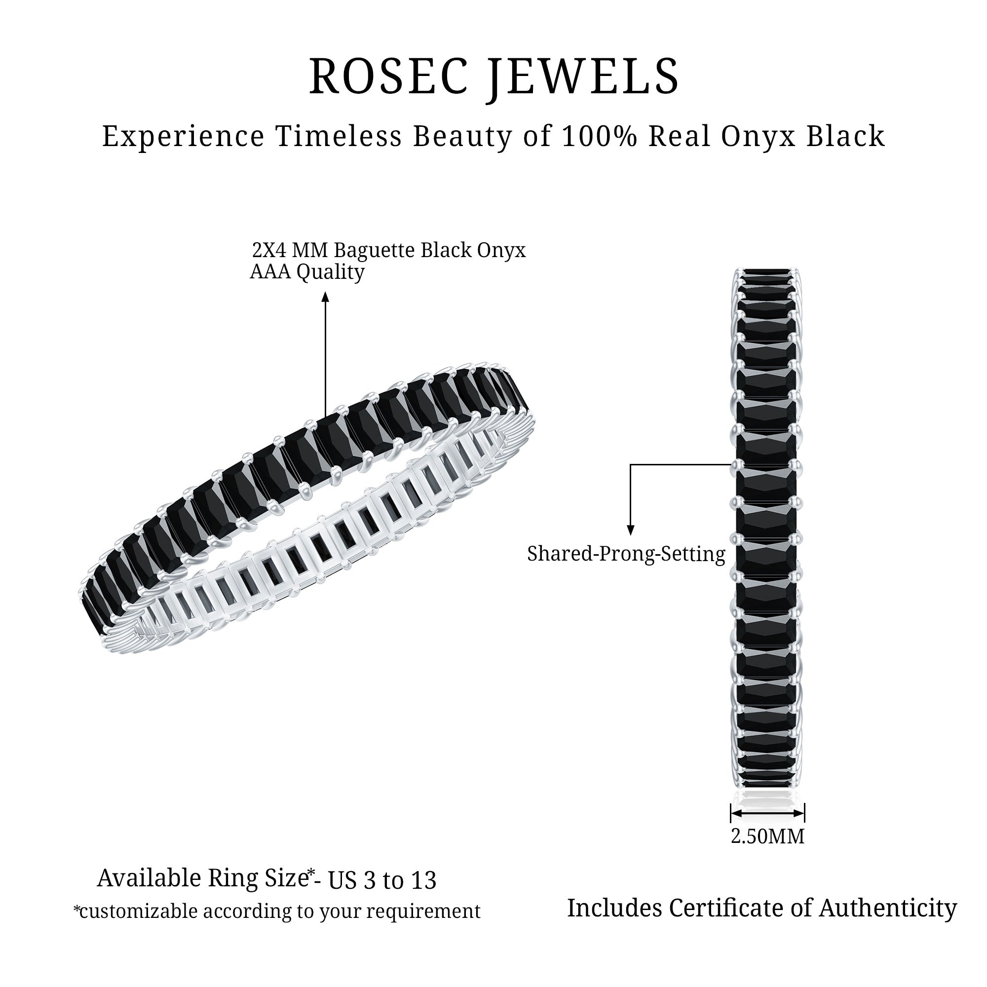 Baguette Cut Black Onyx Eternity Band Ring for Her AAA - Rosec Jewels