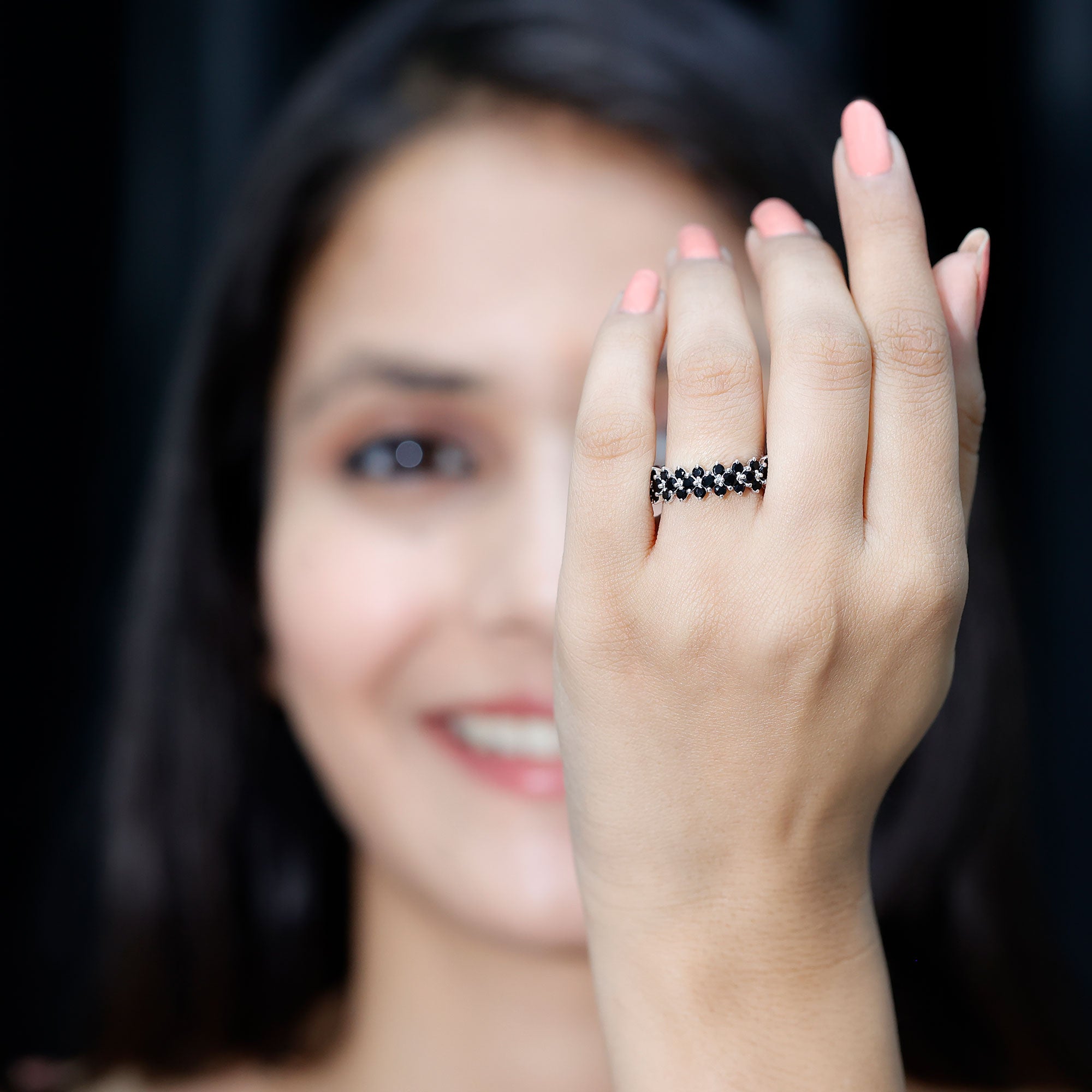 Rosec Jewels-Round Cut Black Onyx Cluster Wedding Band for Women