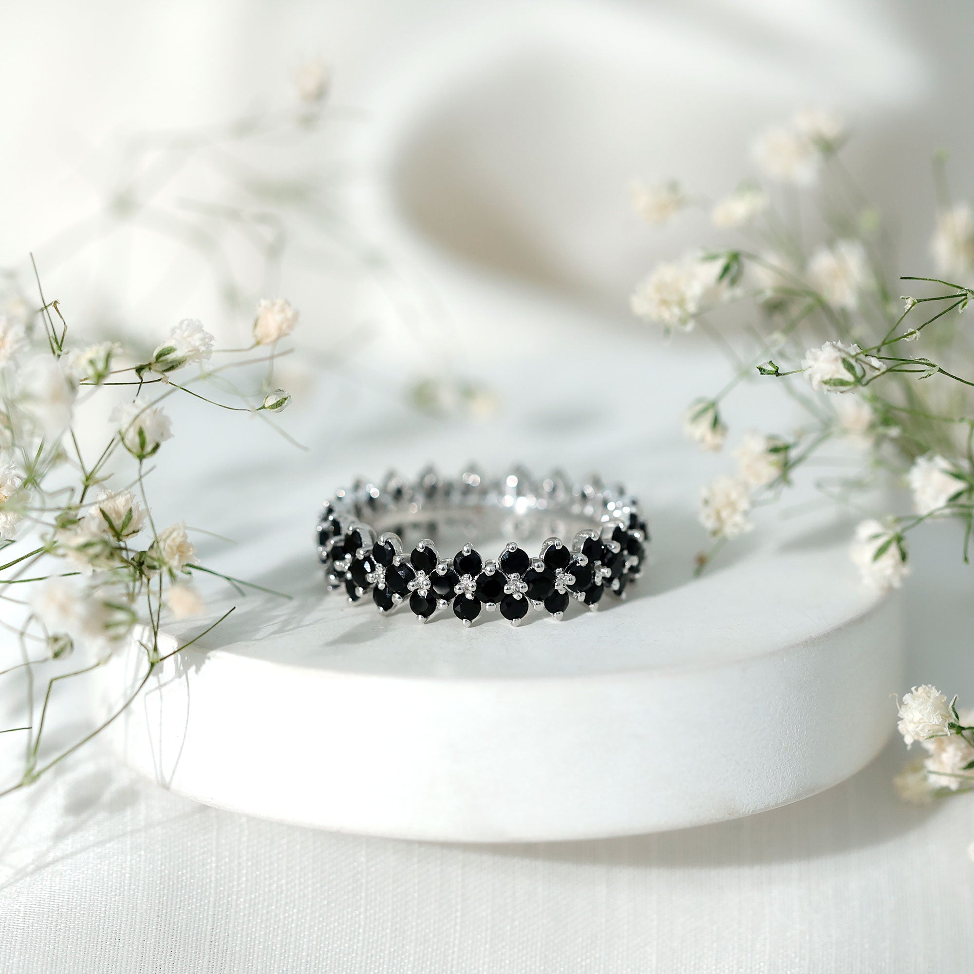 Rosec Jewels-Round Cut Black Onyx Cluster Wedding Band for Women
