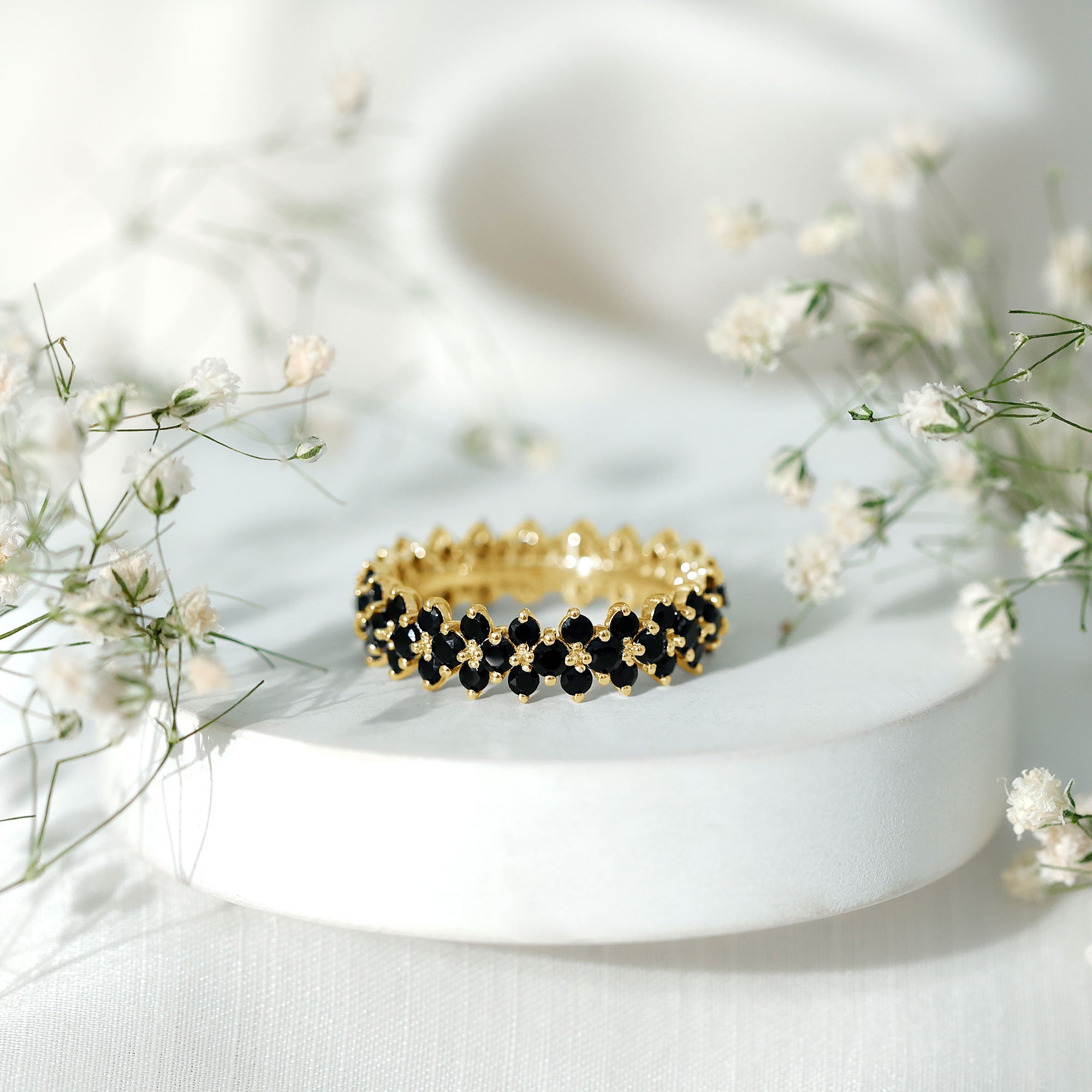 Rosec Jewels-Round Cut Black Onyx Cluster Wedding Band for Women