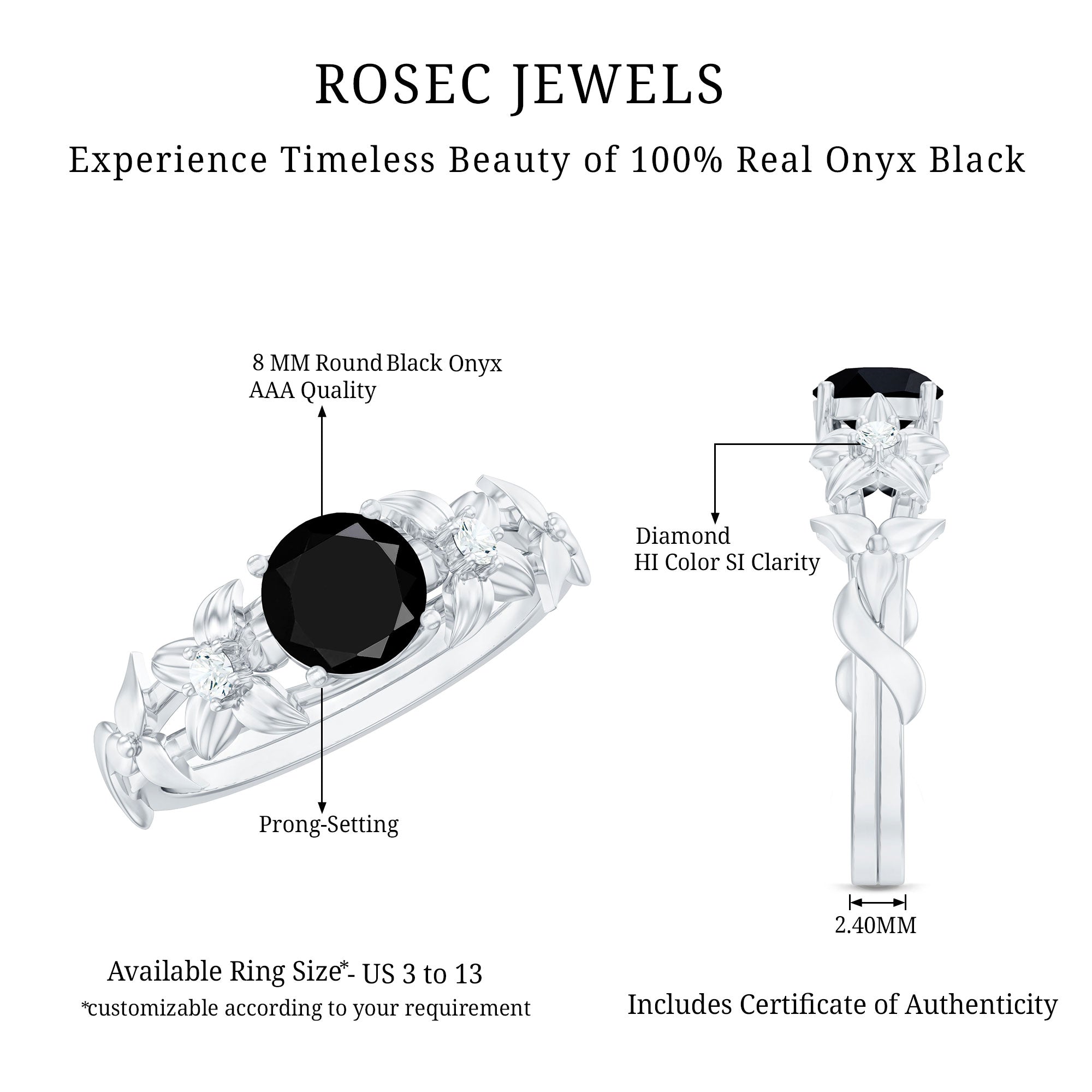 Nature Inspired Black Onyx and Diamond Engagement Ring AAA - Rosec Jewels