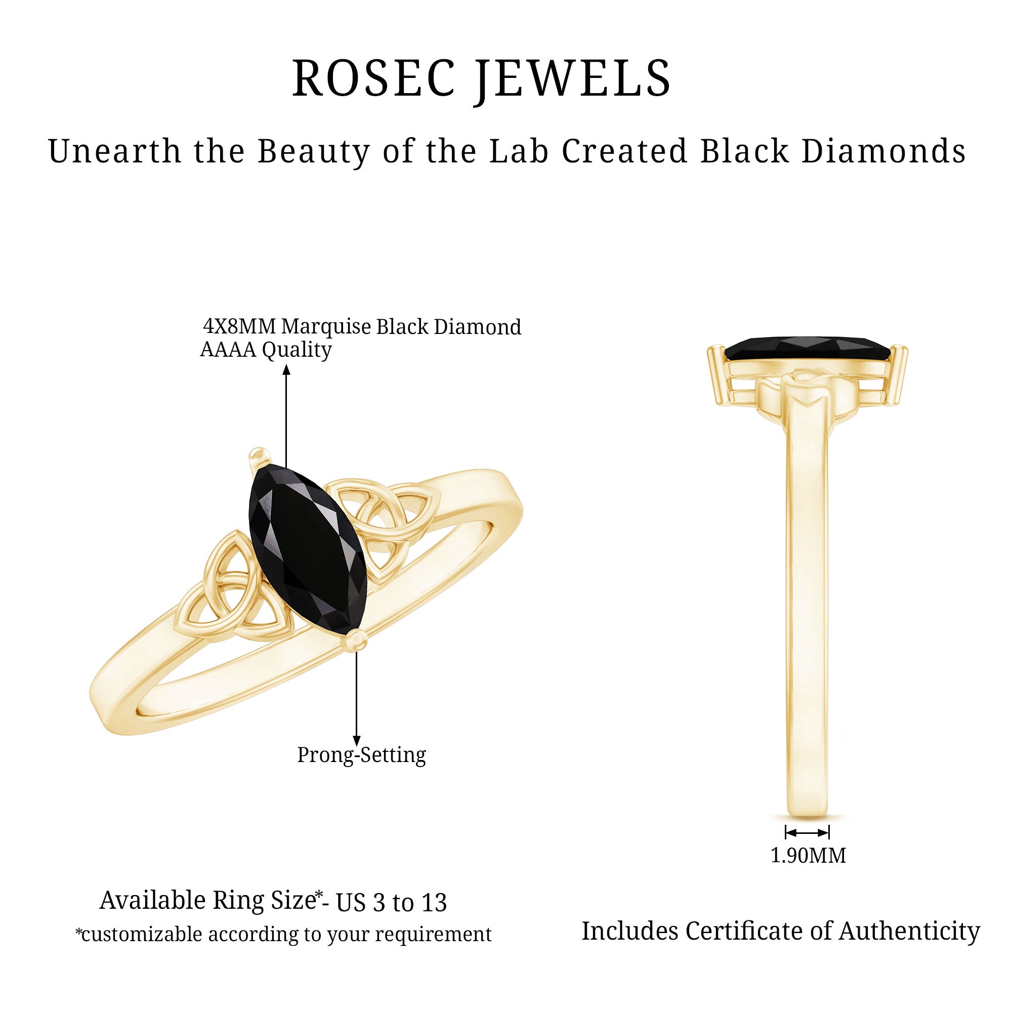 Certified 0.8 Carat Lab Grown Black Diamond Marquise Promise Ring with Celtic Knot AAAA ( Synthetic ) - Rosec Jewels