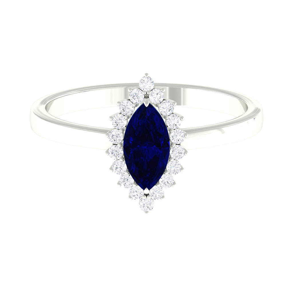 1 CT Created Blue Sapphire Marquise Ring with Diamond Halo Lab Created Blue Sapphire - ( AAAA ) - Quality - Rosec Jewels