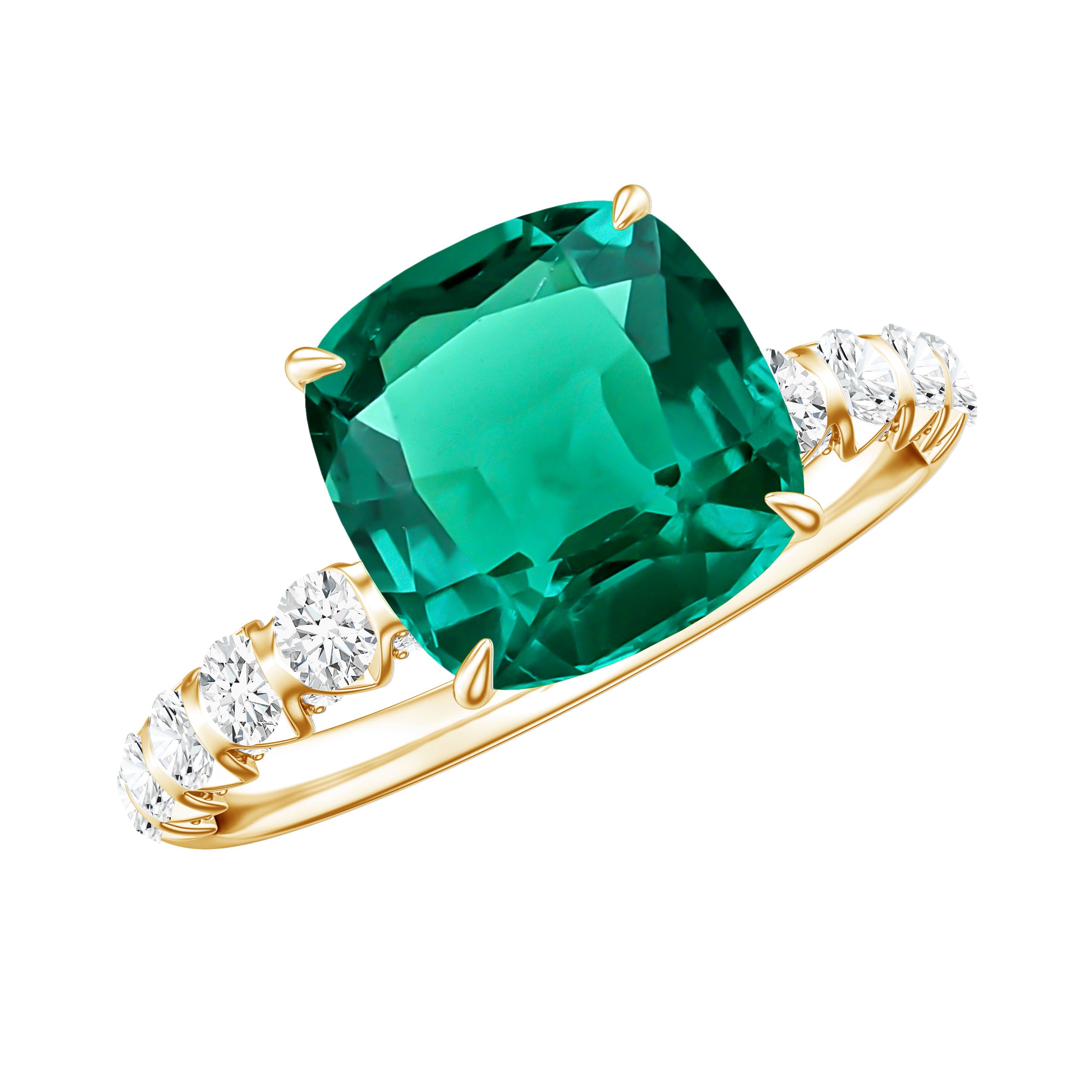 Certified Lab Grown Emerald Cushion Cut Engagement Ring with Diamond Side Stones AAAA - Rosec Jewels