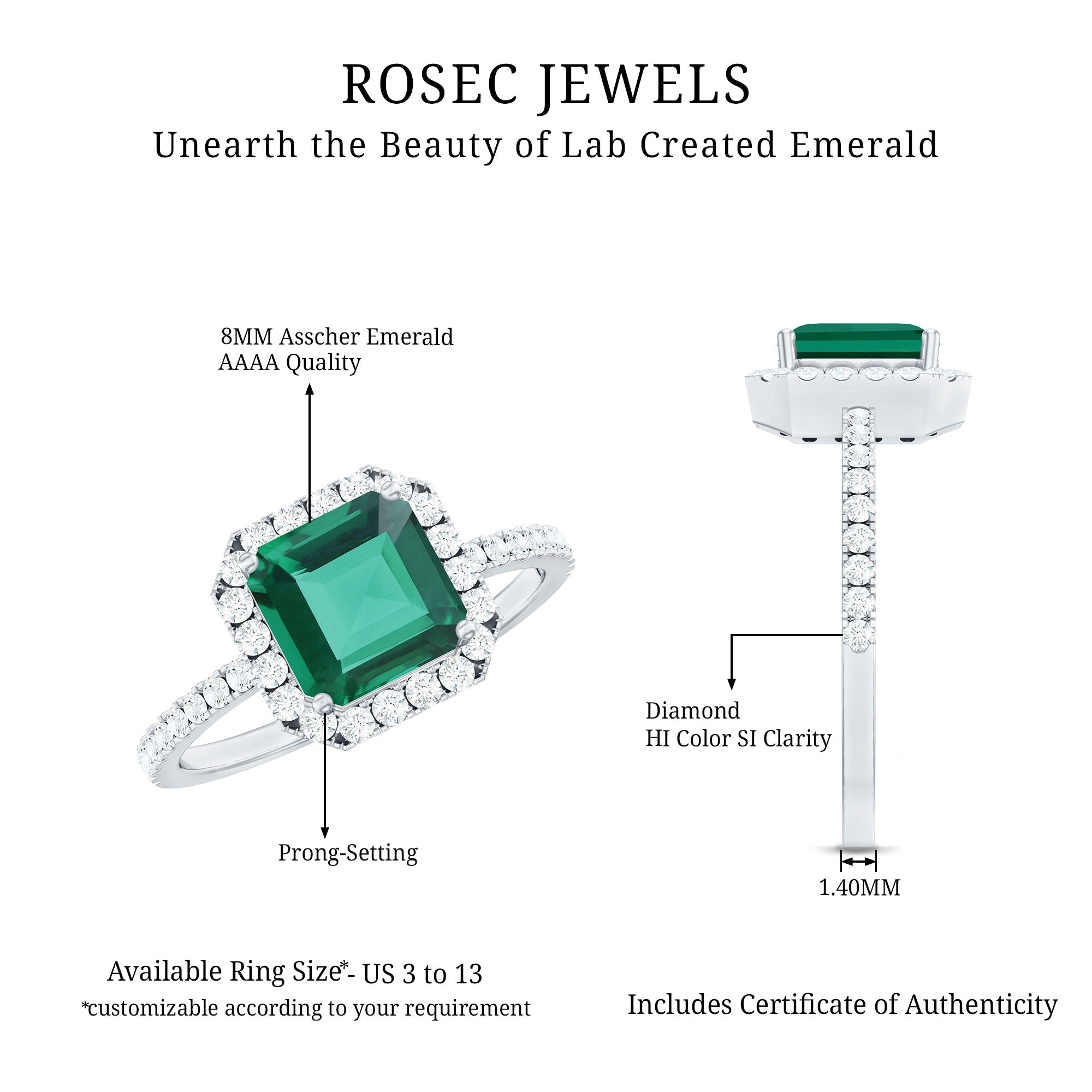 AAAA Quality Lab Created Emerald Asscher Cut Engagement Ring with Diamond AAAA - Rosec Jewels