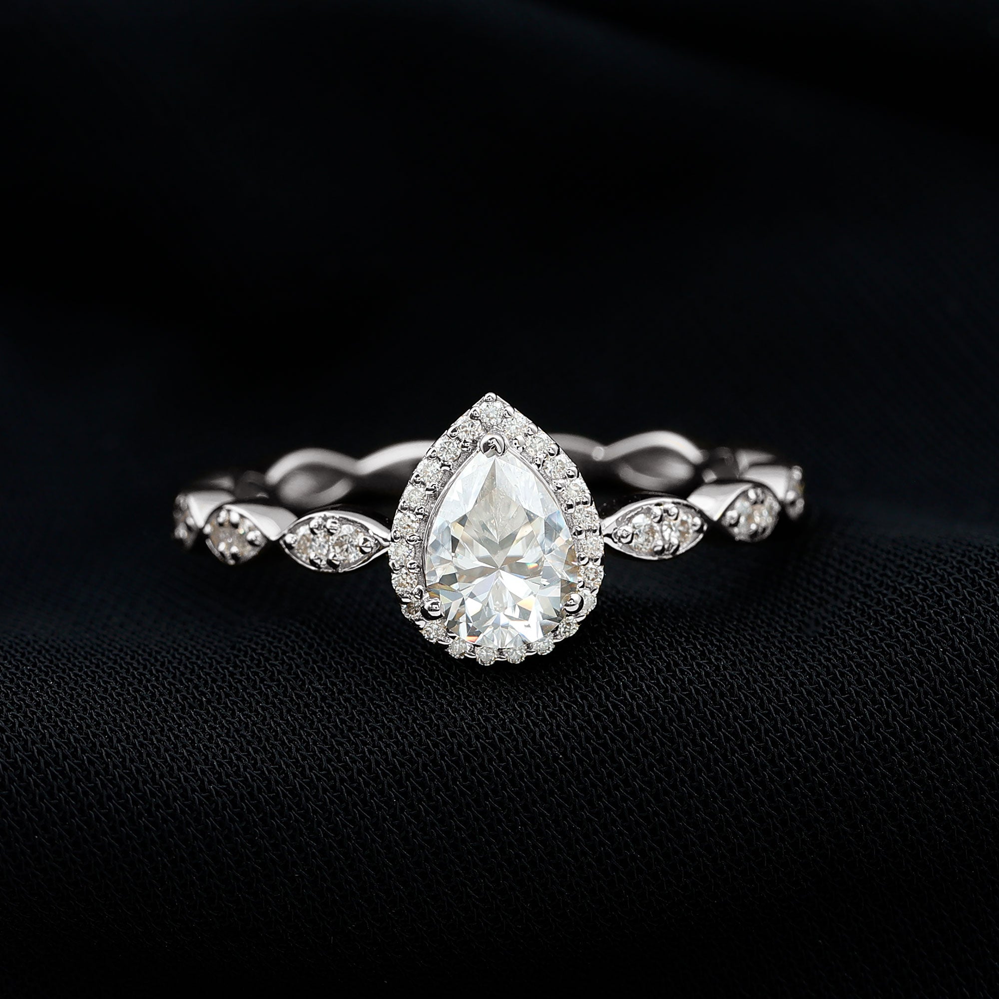Cubic Zirconia Pear Halo Engagement Ring with Side Stones AAAA - Rosec Jewels