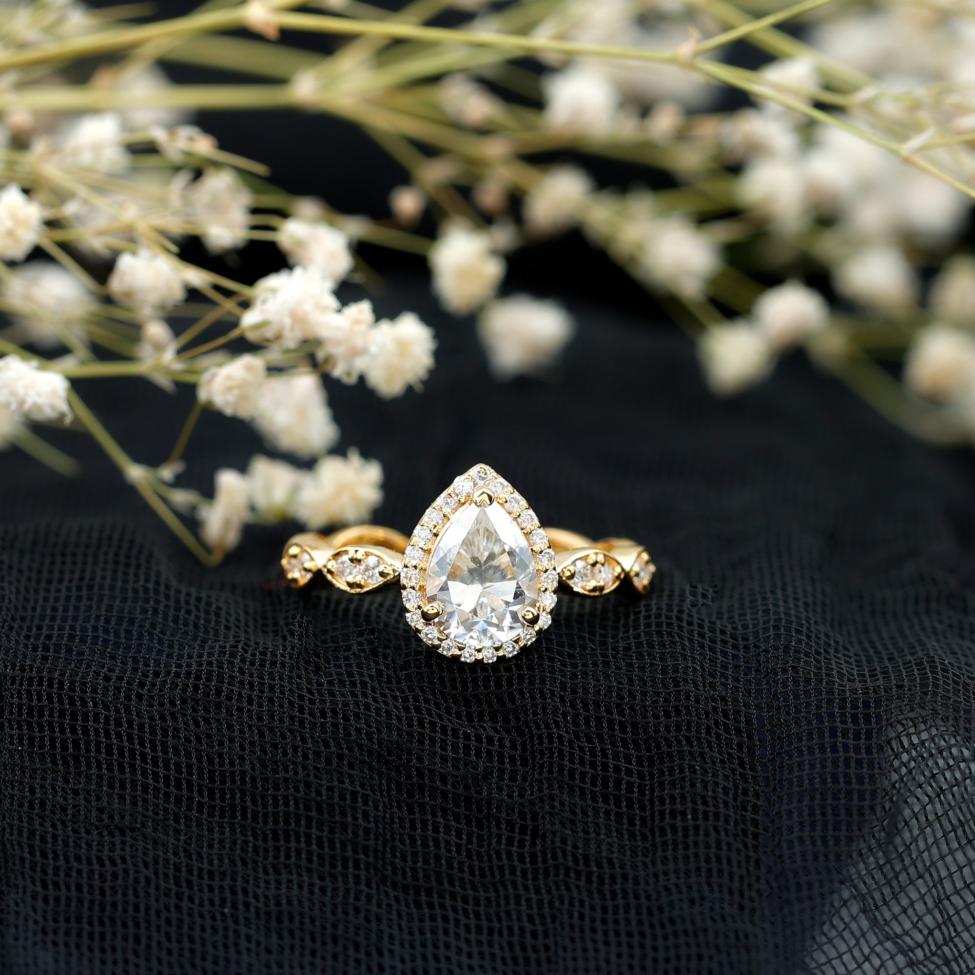 Cubic Zirconia Pear Halo Engagement Ring with Side Stones AAAA - Rosec Jewels