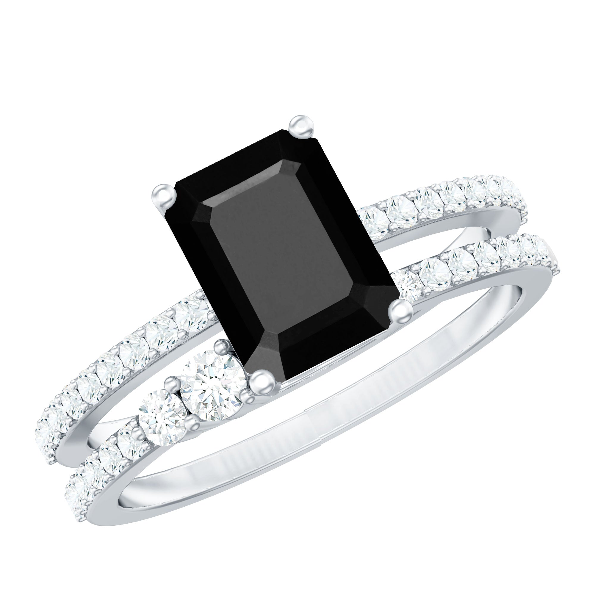 Emerald Cut Created Black Diamond Ring Set with Diamond