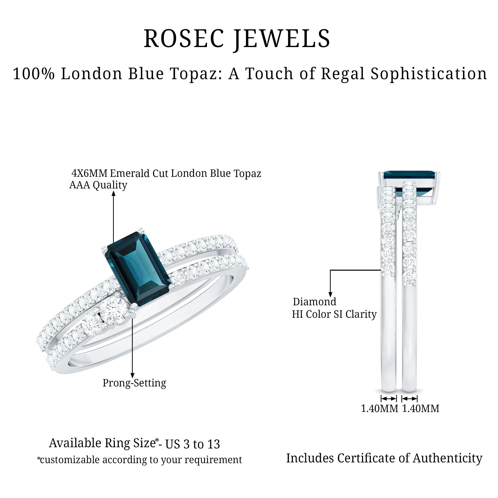 Rosec Jewels-4X6mm Emerald Cut London Blue Topaz Wedding Ring Set with Diamond