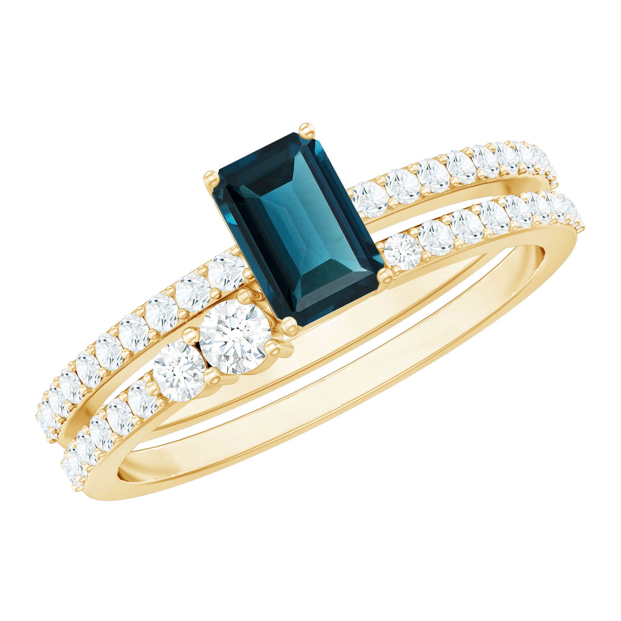 Rosec Jewels-4X6mm Emerald Cut London Blue Topaz Wedding Ring Set with Diamond