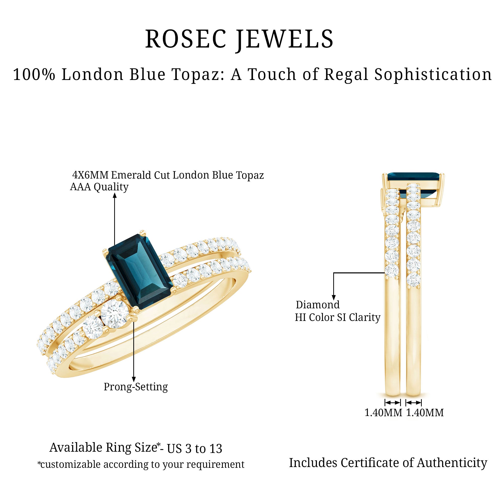 Rosec Jewels-4X6mm Emerald Cut London Blue Topaz Wedding Ring Set with Diamond