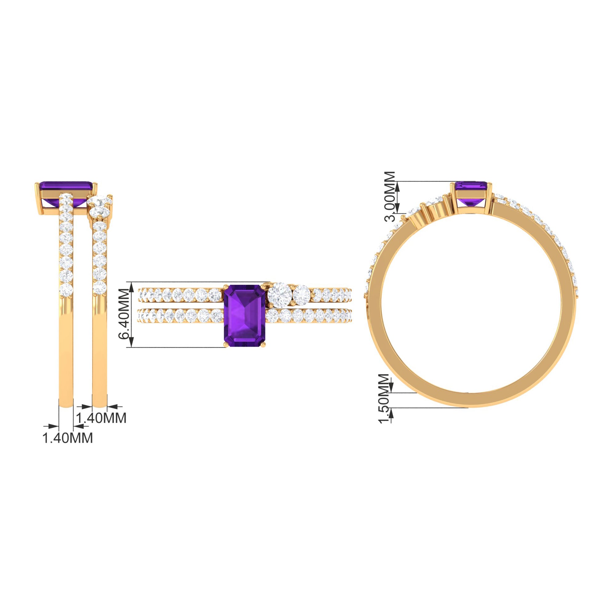 Rosec Jewels-Natural 1.4 Carat Emerald Cut Amethyst Diamond Wedding Bridal Ring Set