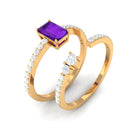 Rosec Jewels-Natural 1.4 Carat Emerald Cut Amethyst Diamond Wedding Bridal Ring Set
