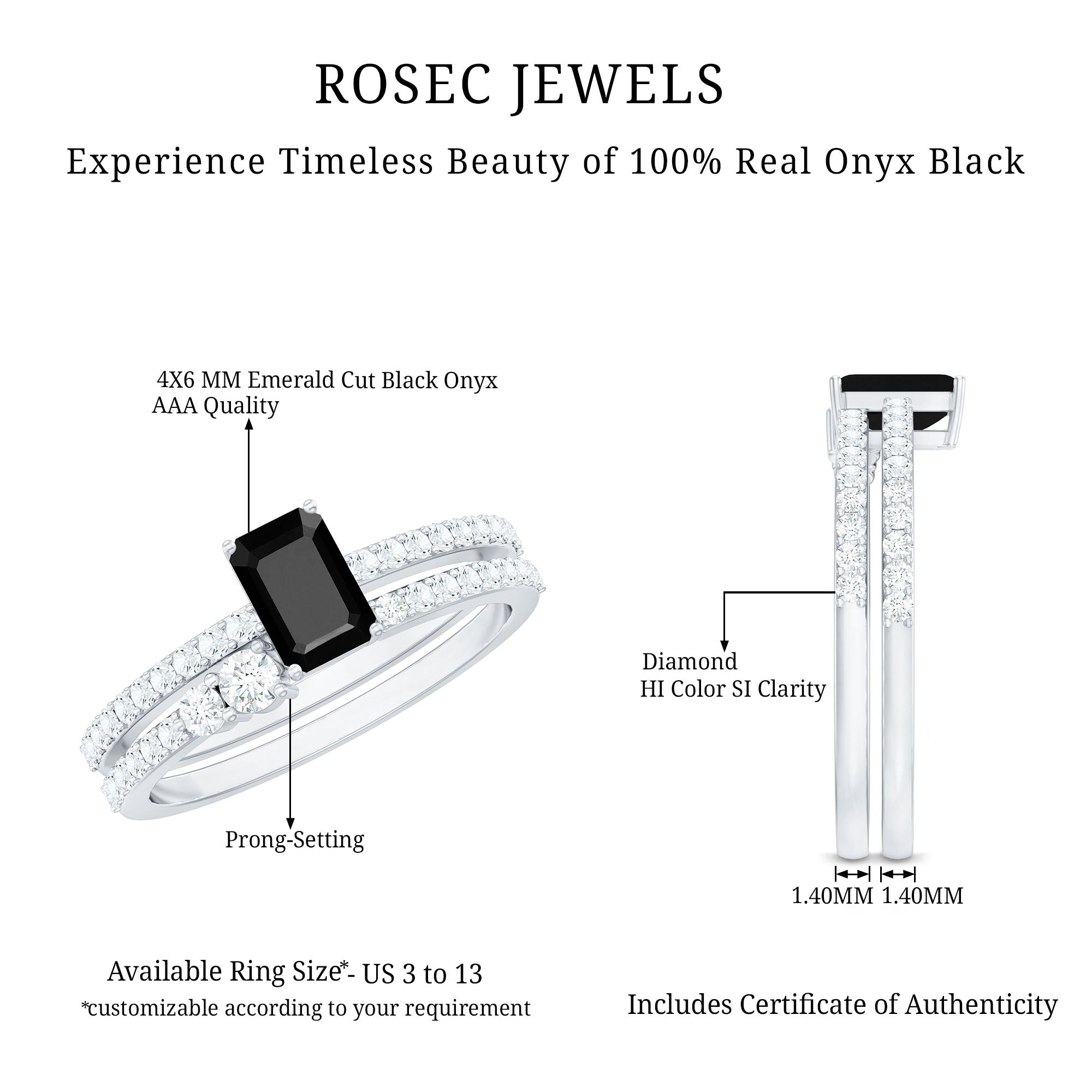 Emerald Cut Black Onyx and Diamond Bridal Ring Set AAA - Rosec Jewels