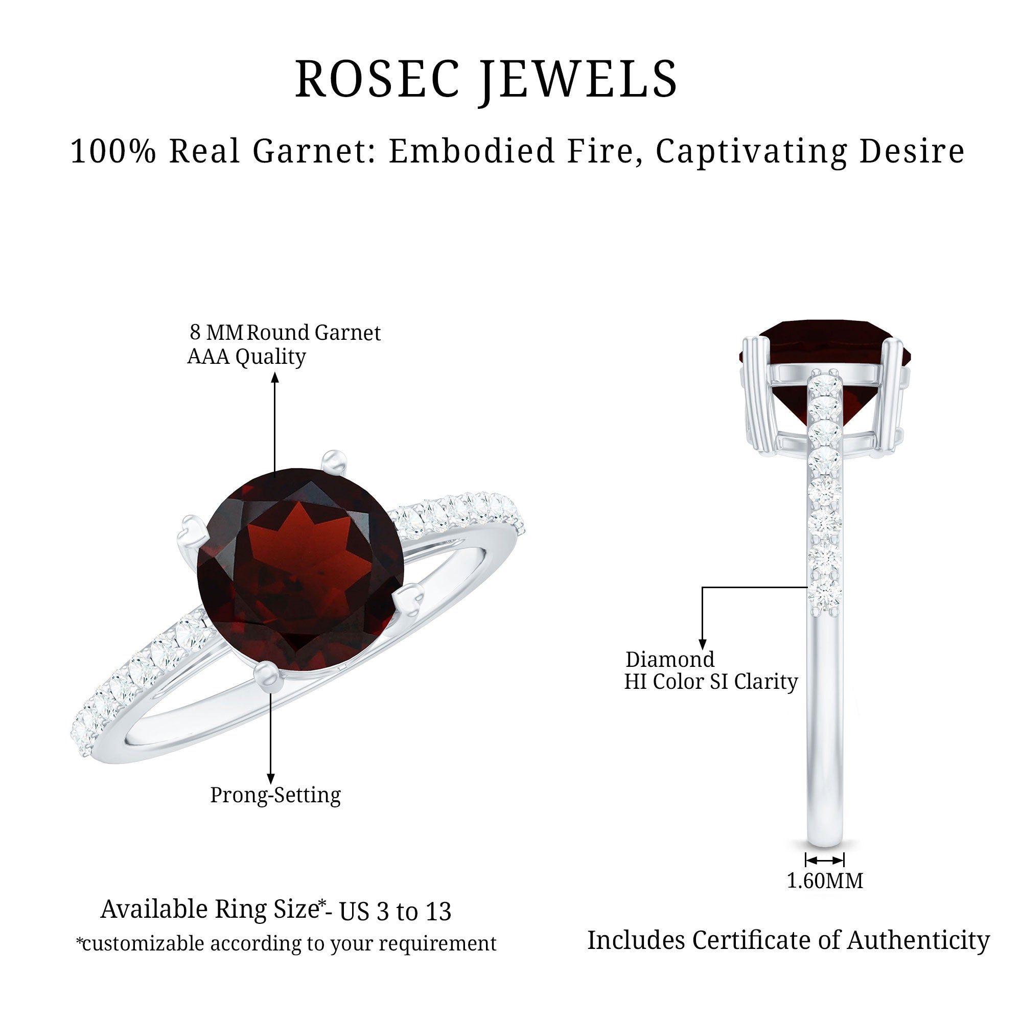 Certified Natural 8mm Garnet Big Engagement Ring with Diamond AAA - Rosec Jewels