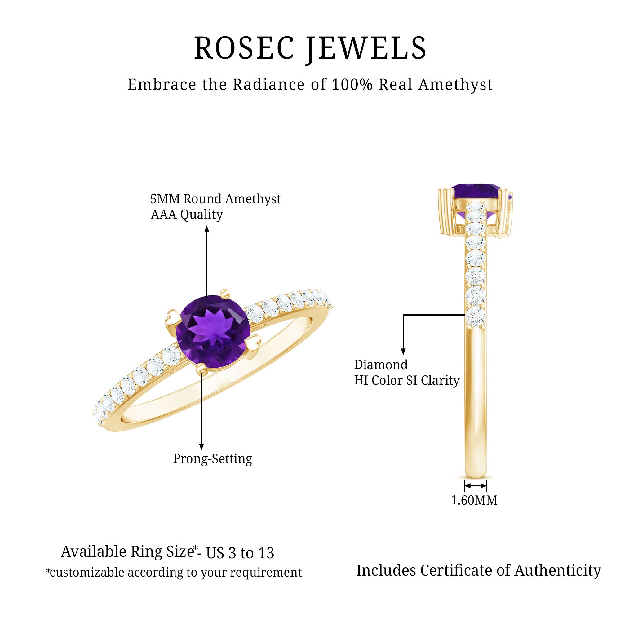 Rosec Jewels-Genuine Amethyst Promise Ring with Diamond for Women