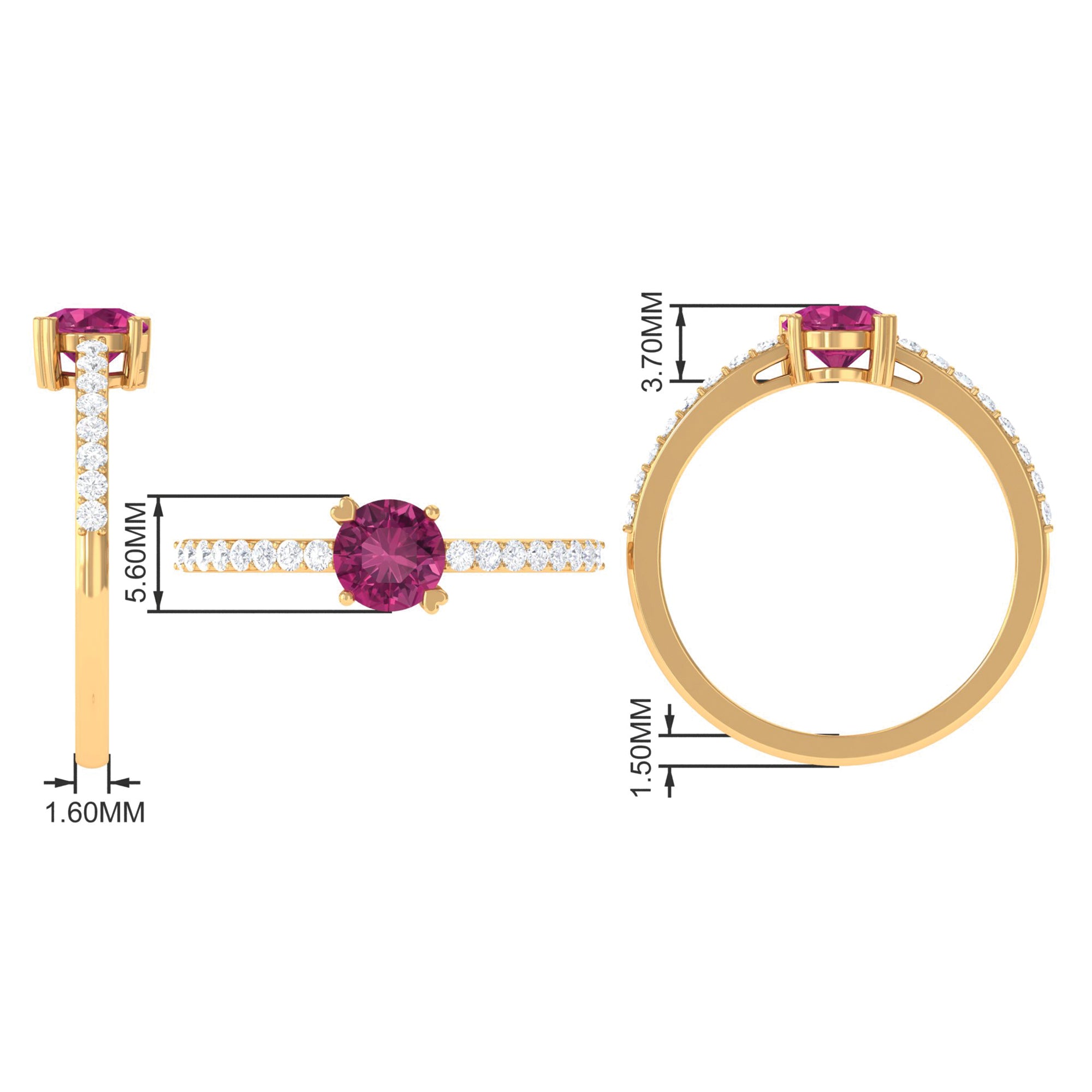 1 CT Real Pink Tourmaline Solitaire Promise Ring with Diamond Side Stones AAA - Rosec Jewels