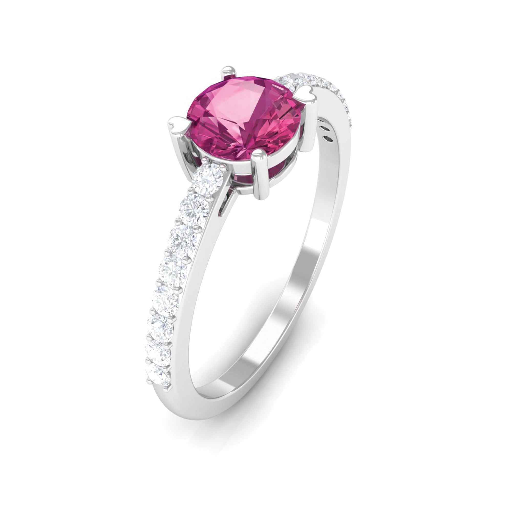 1 CT Real Pink Tourmaline Solitaire Promise Ring with Diamond Side Stones AAA - Rosec Jewels