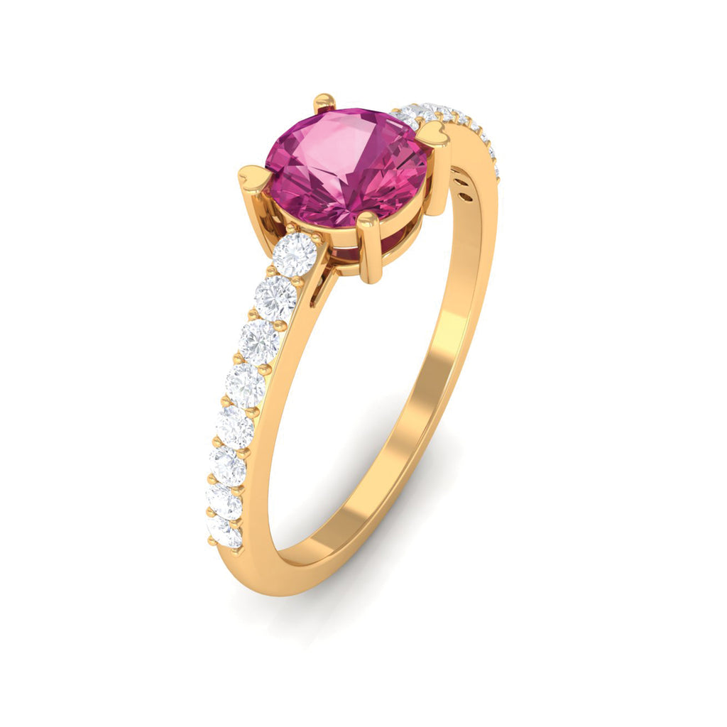 1 CT Real Pink Tourmaline Solitaire Promise Ring with Diamond Side Stones Pink Tourmaline - ( AAA ) - Quality - Rosec Jewels