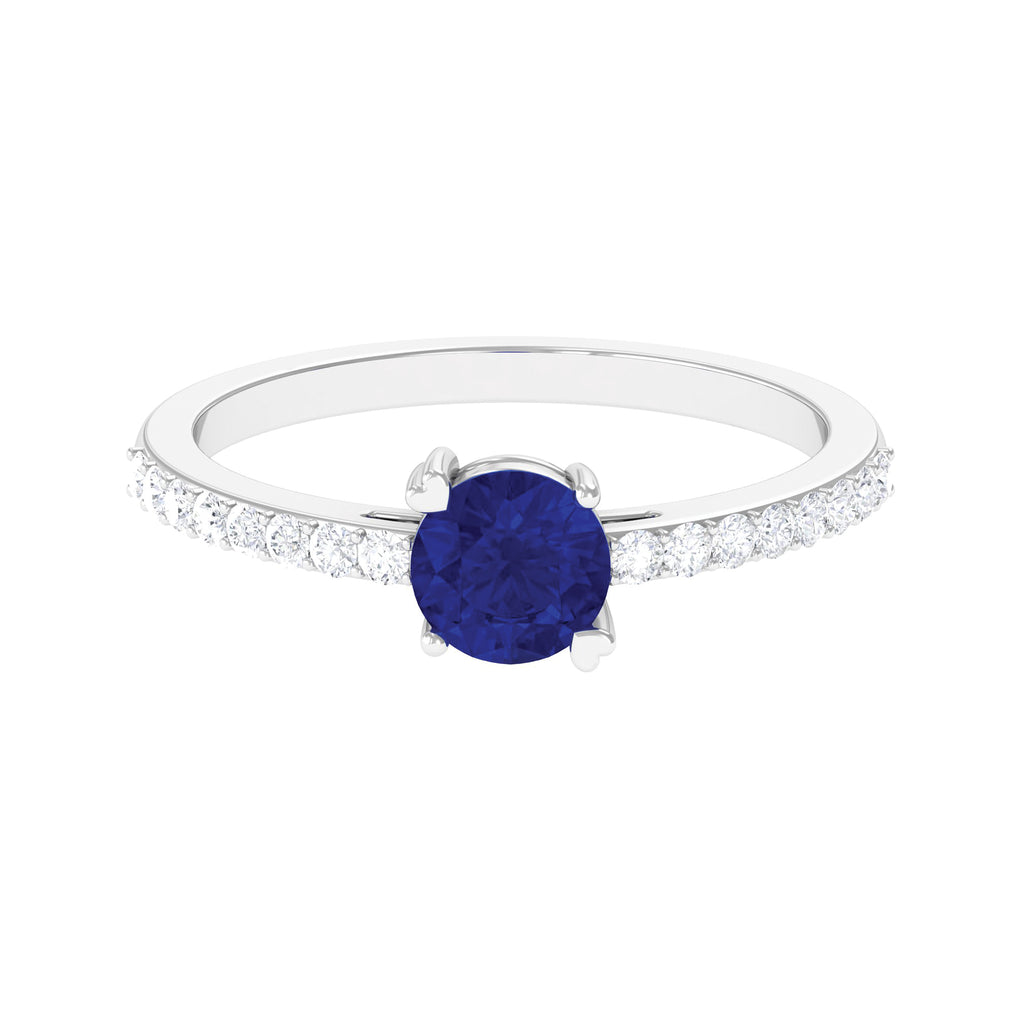 Round Shape Solitaire Created Blue Sapphire Designer Promise Ring with Diamond Lab Created Blue Sapphire - ( AAAA ) - Quality - Rosec Jewels