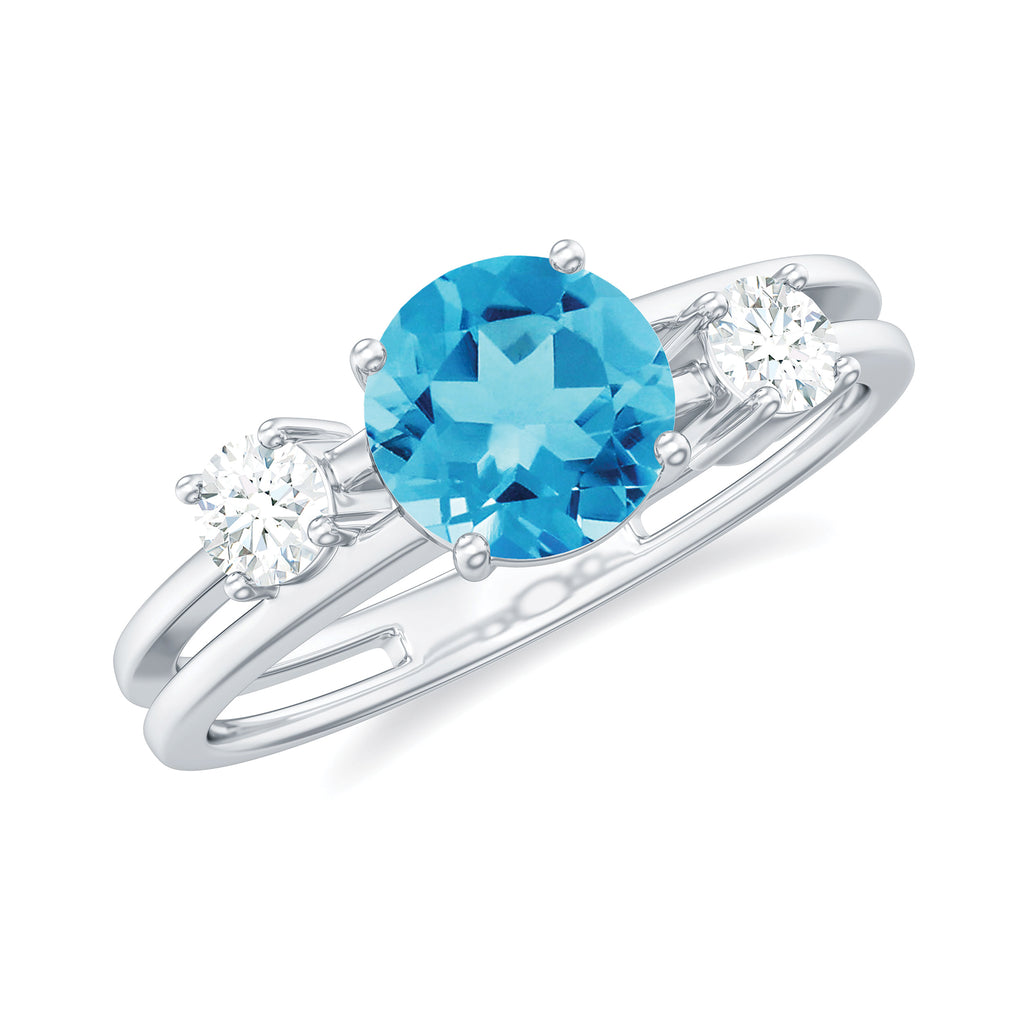 Swiss Blue Topaz Solitaire Double Band Ring with Diamond Swiss Blue Topaz - ( AAA ) - Quality - Rosec Jewels