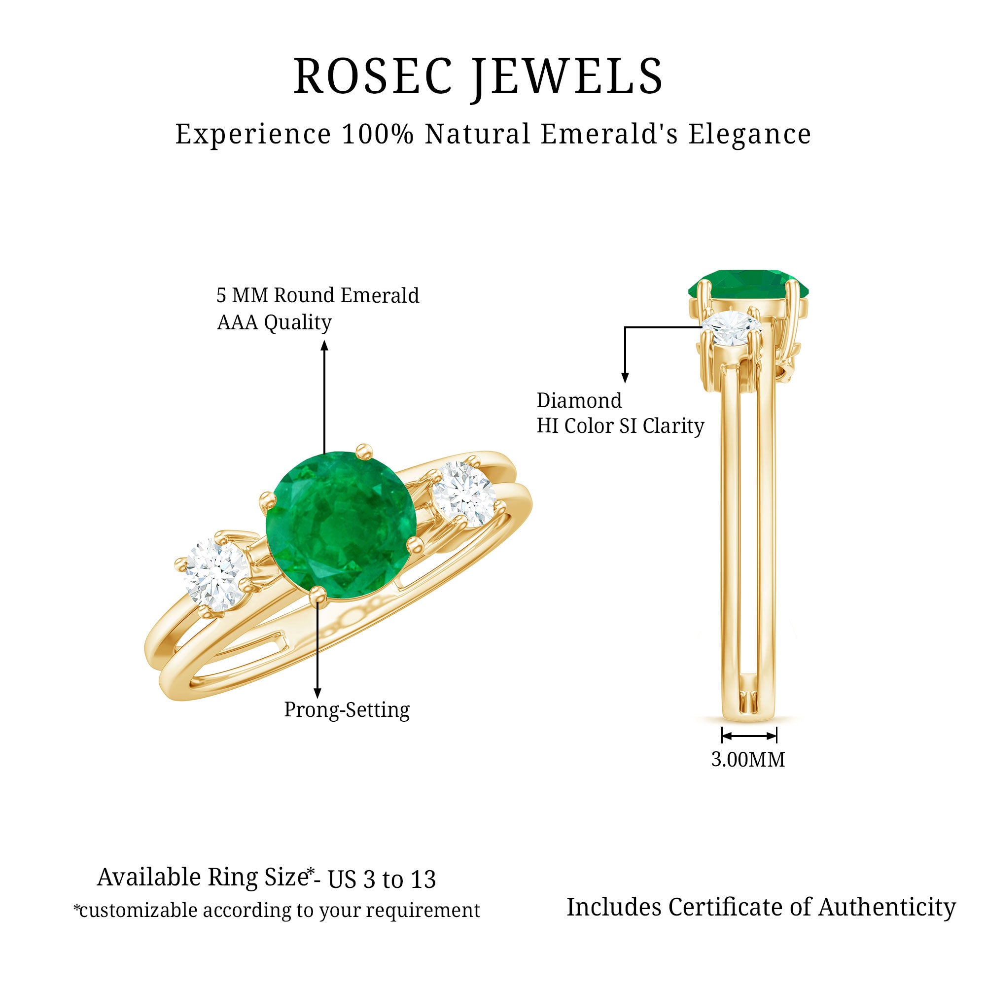 Rosec Jewels-Natural Emerald Diamond Three Stone Engagement Ring