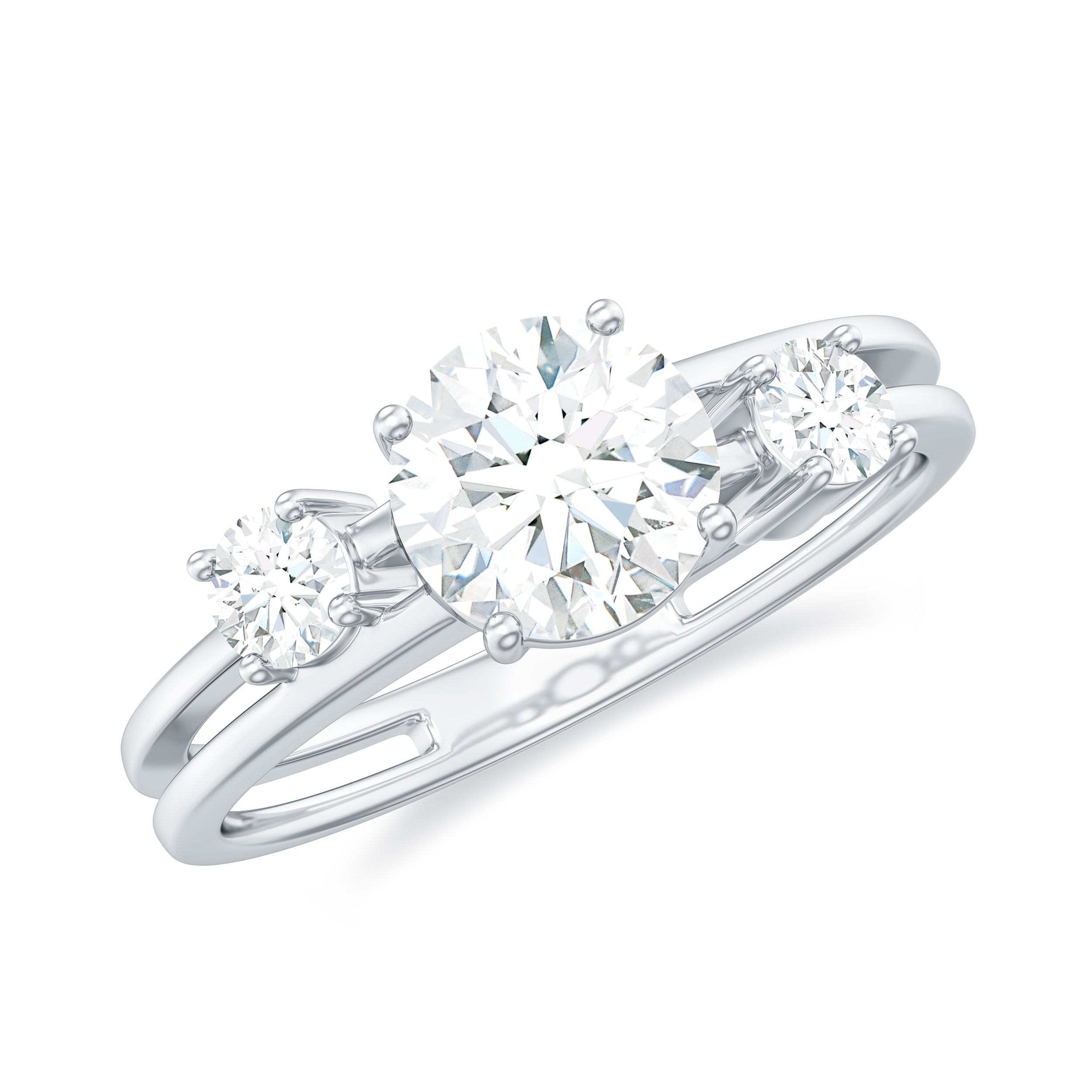 Round Shape Moissanite 3 Stone Double Band Ring in Gold Moissanite - ( D-VS1 ) - Color and Clarity - Rosec Jewels