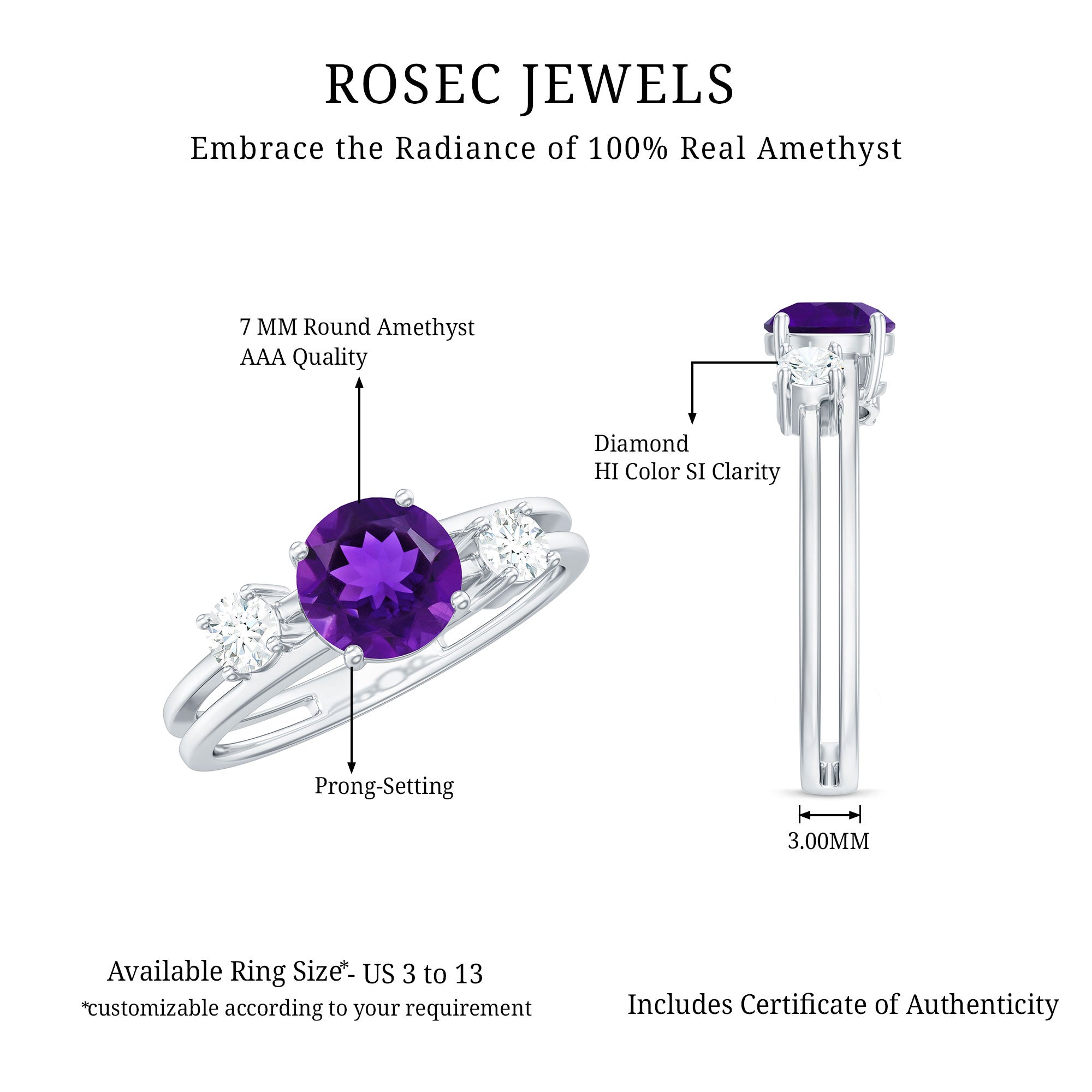Rosec Jewels-Natural 1.2 Carat Amethyst Double Band Engagement Ring with Diamond