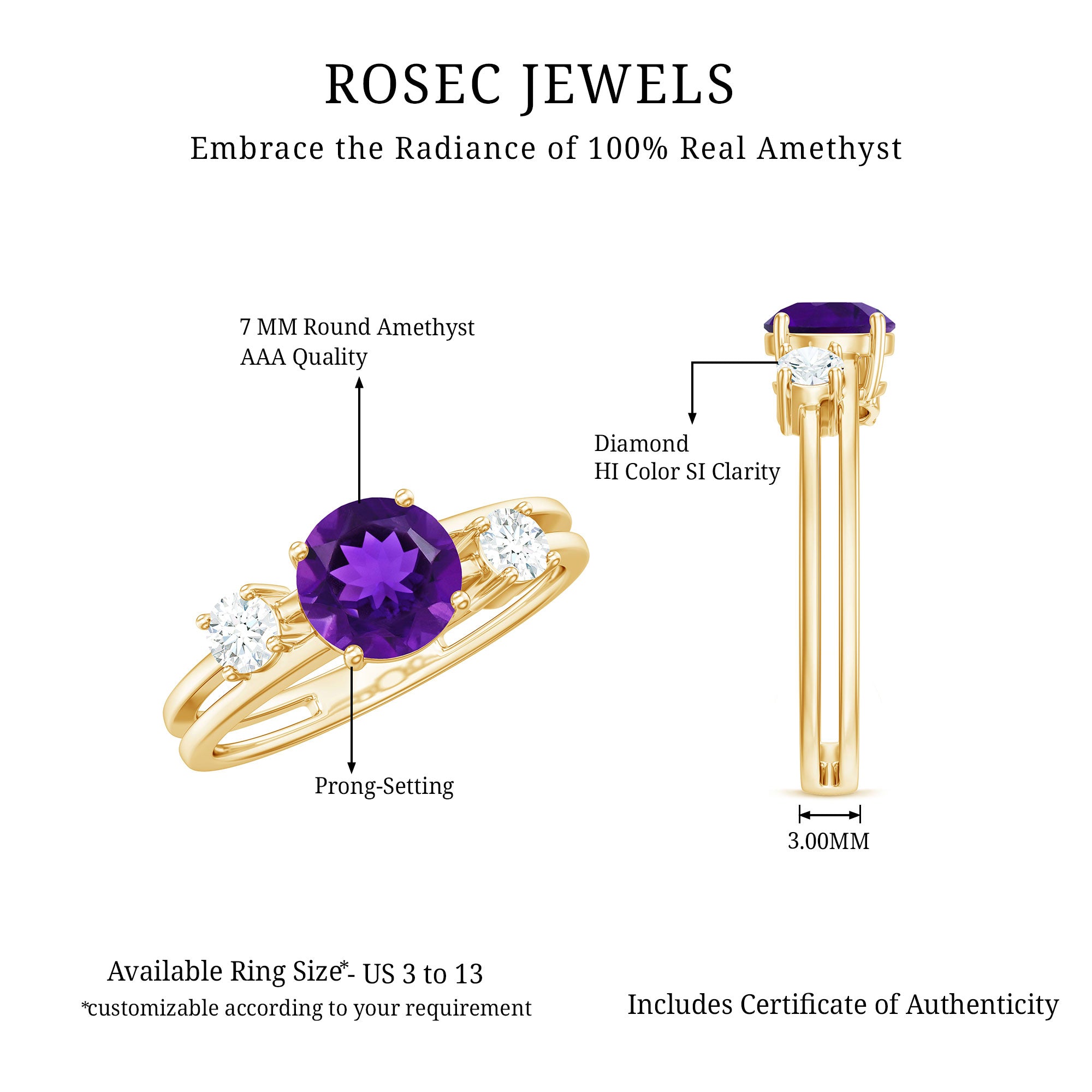 Rosec Jewels-Natural 1.2 Carat Amethyst Double Band Engagement Ring with Diamond