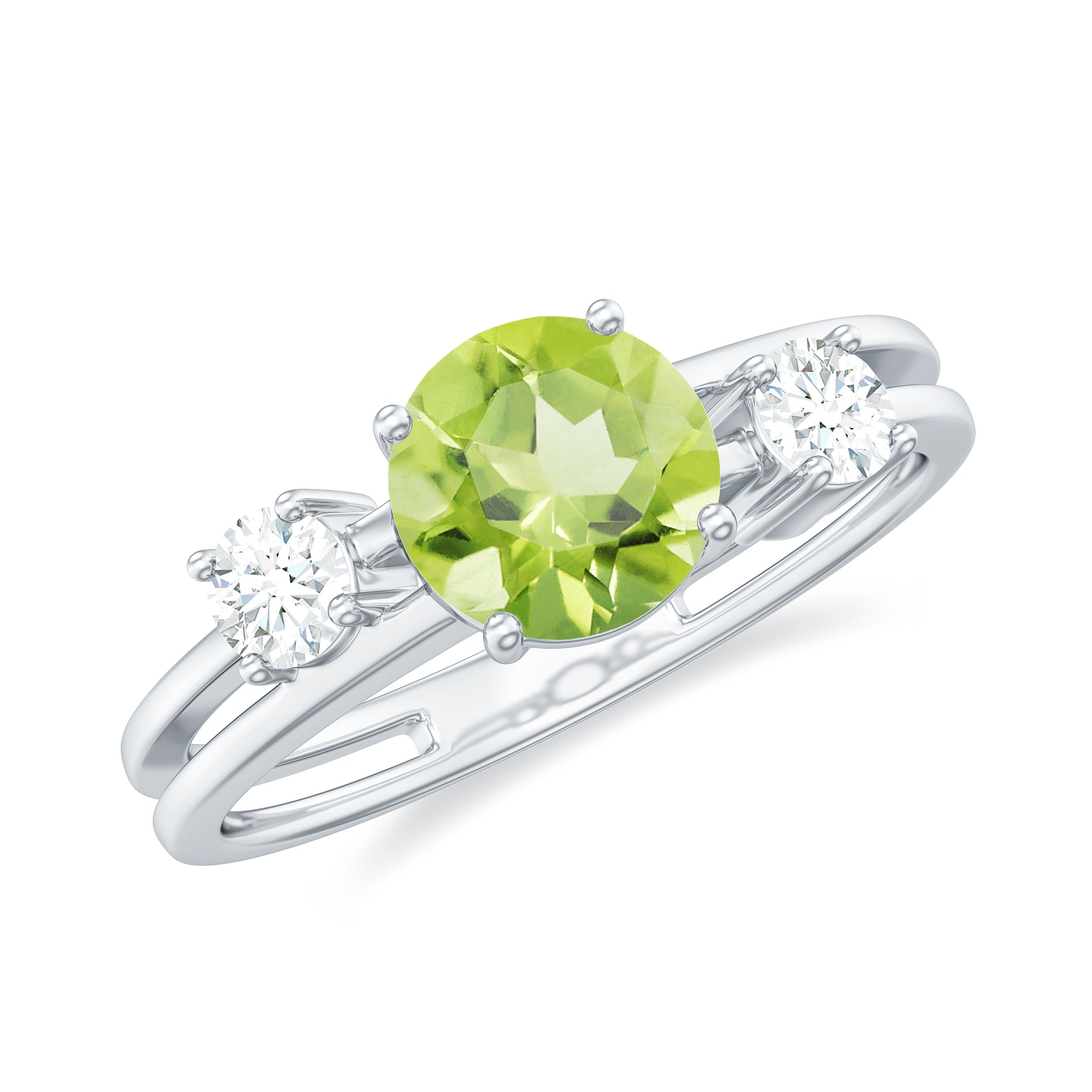 1 CT Peridot Solitaire Double Band Ring with Diamond Stones Peridot - ( AAA ) - Quality - Rosec Jewels