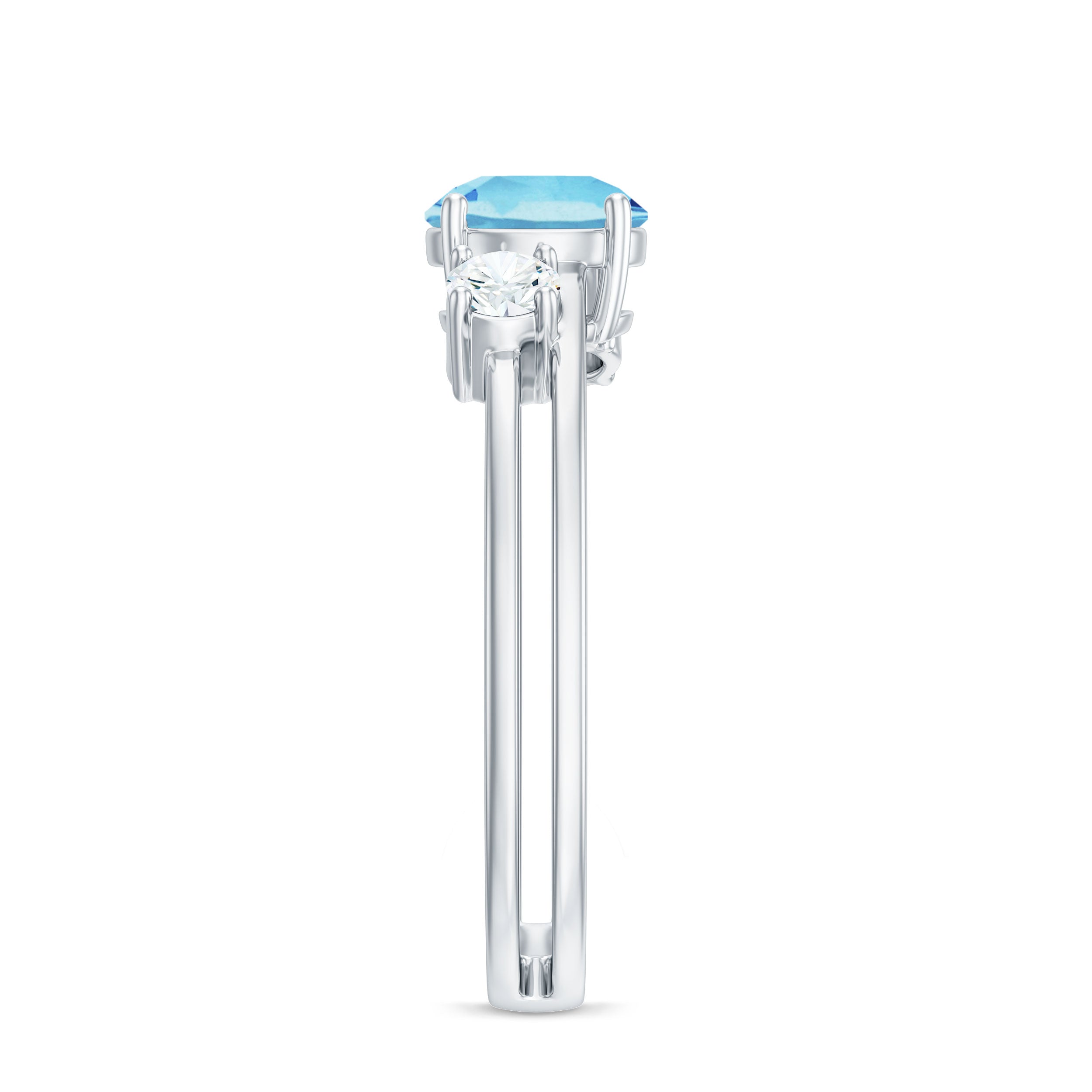0.8 Carat Aquamarine and Diamond 3 Stone Engagement Ring with Double Band Shank AAA - Rosec Jewels